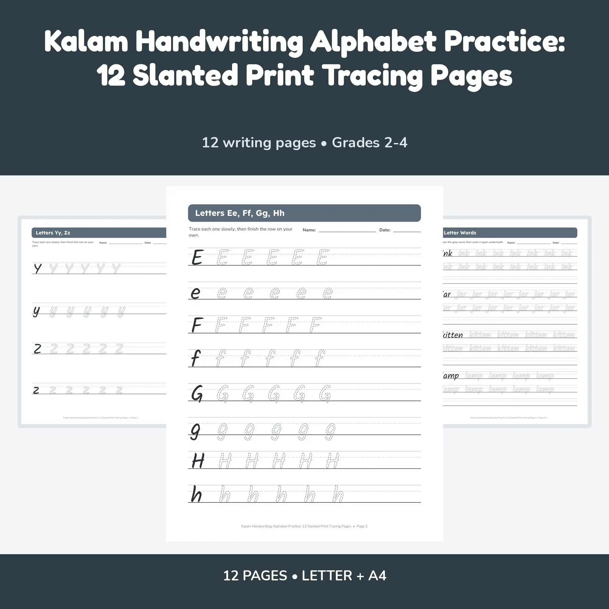 Kalam Handwriting Alphabet Practice: 12 Slanted Print Tracing Pages preview