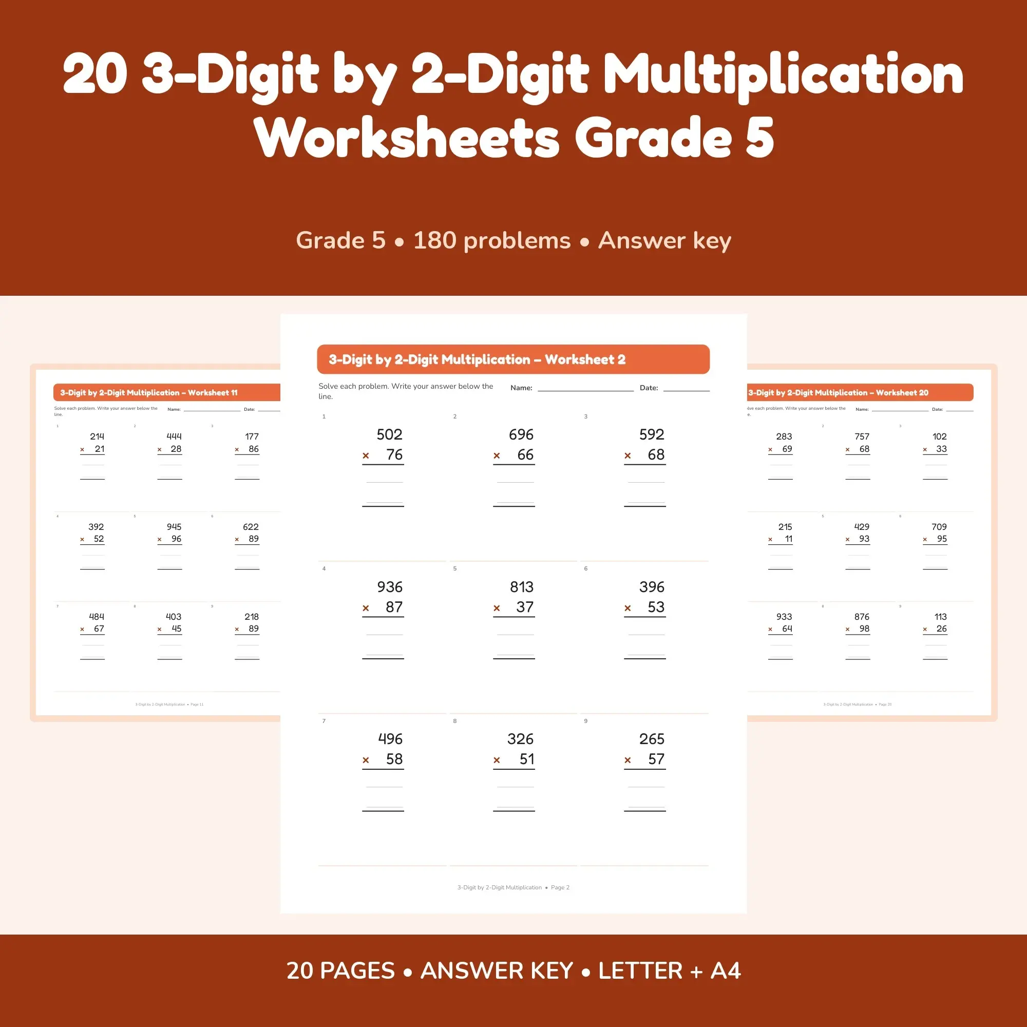 20 3-Digit by 2-Digit Multiplication Worksheets Grade 5 preview