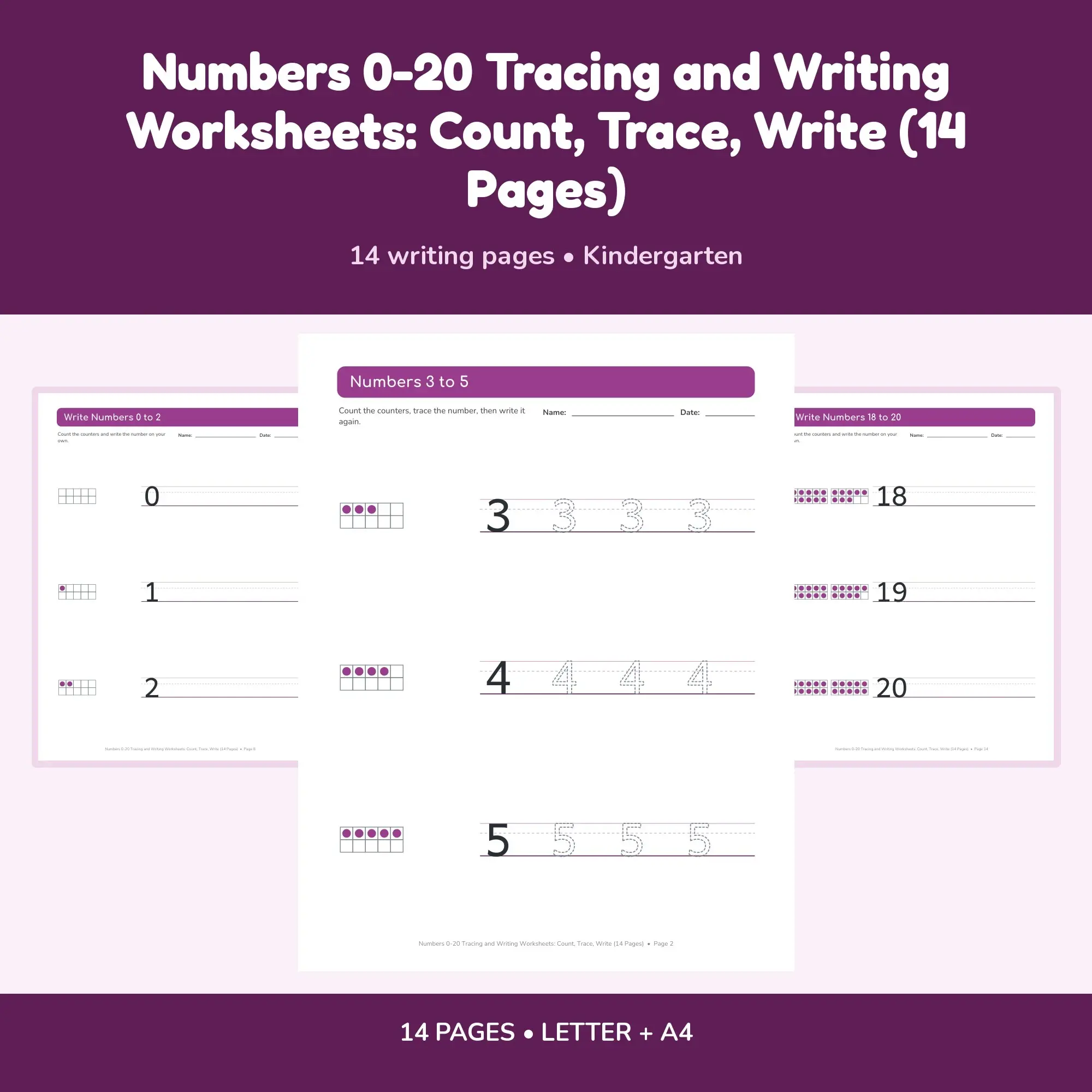 Numbers 0-20 Tracing and Writing Worksheets: Count, Trace, Write (14 Pages) preview