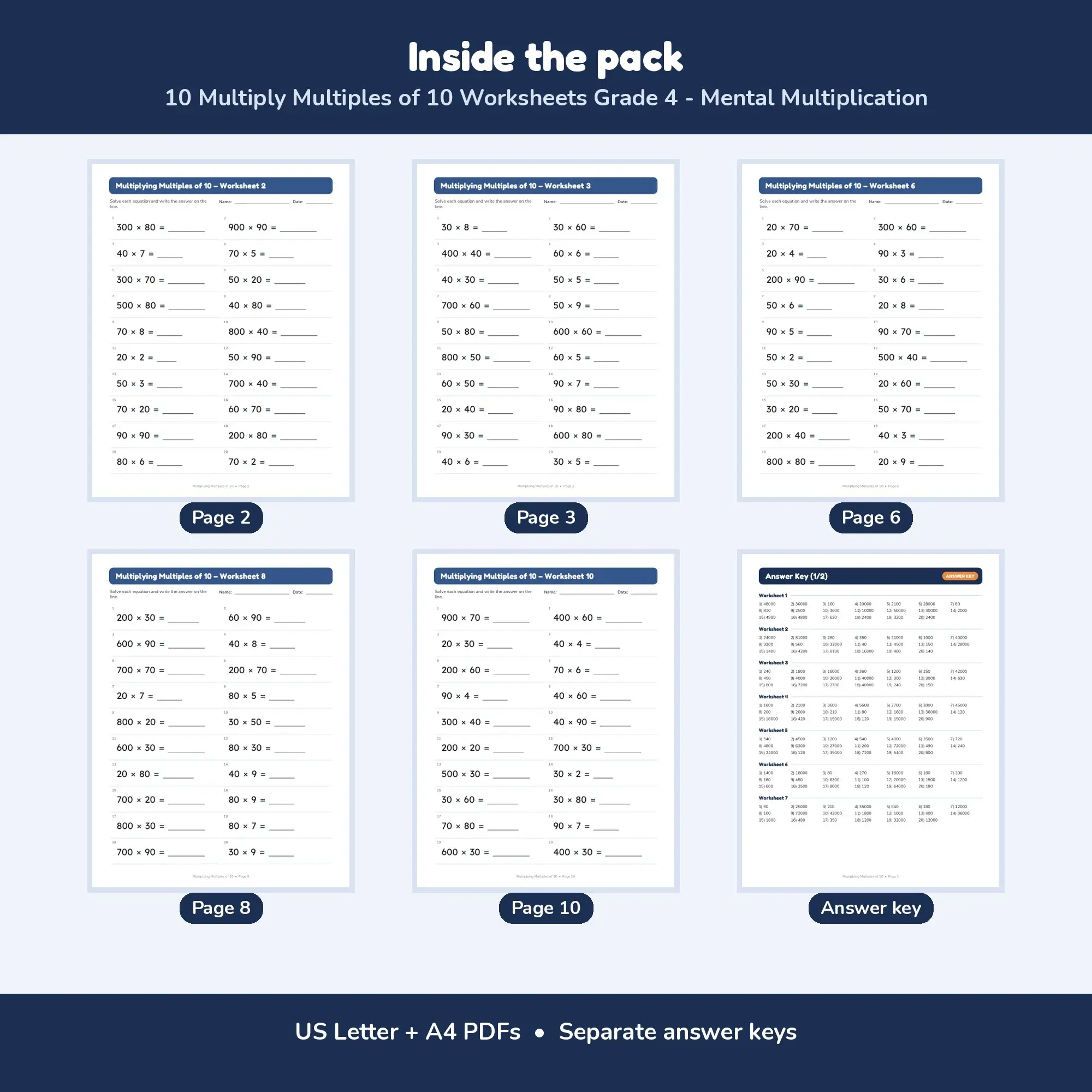 10 Multiply Multiples of 10 Worksheets Grade 4 - Mental Multiplication, preview 2 of 2