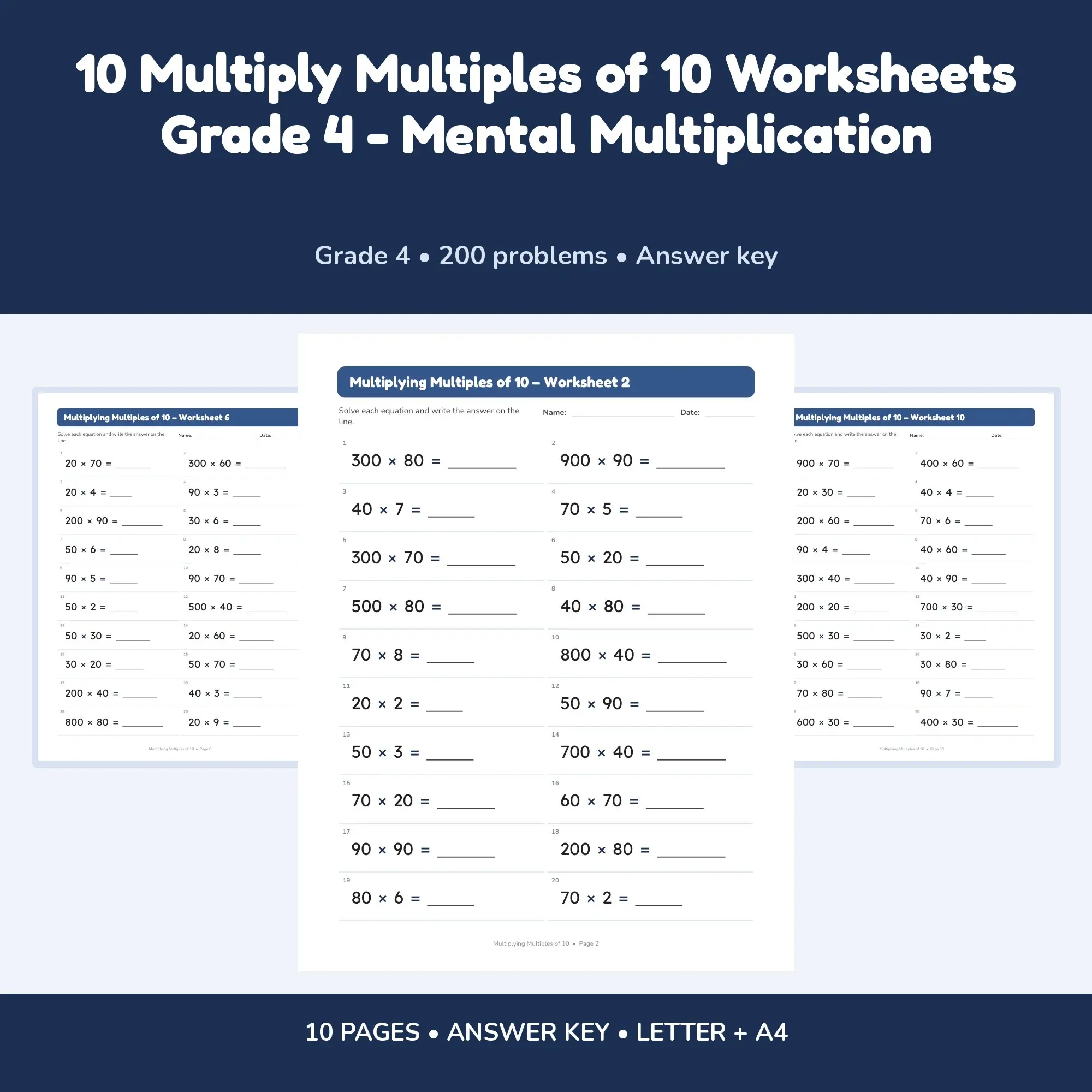 10 Multiply Multiples of 10 Worksheets Grade 4 - Mental Multiplication, preview 1 of 2