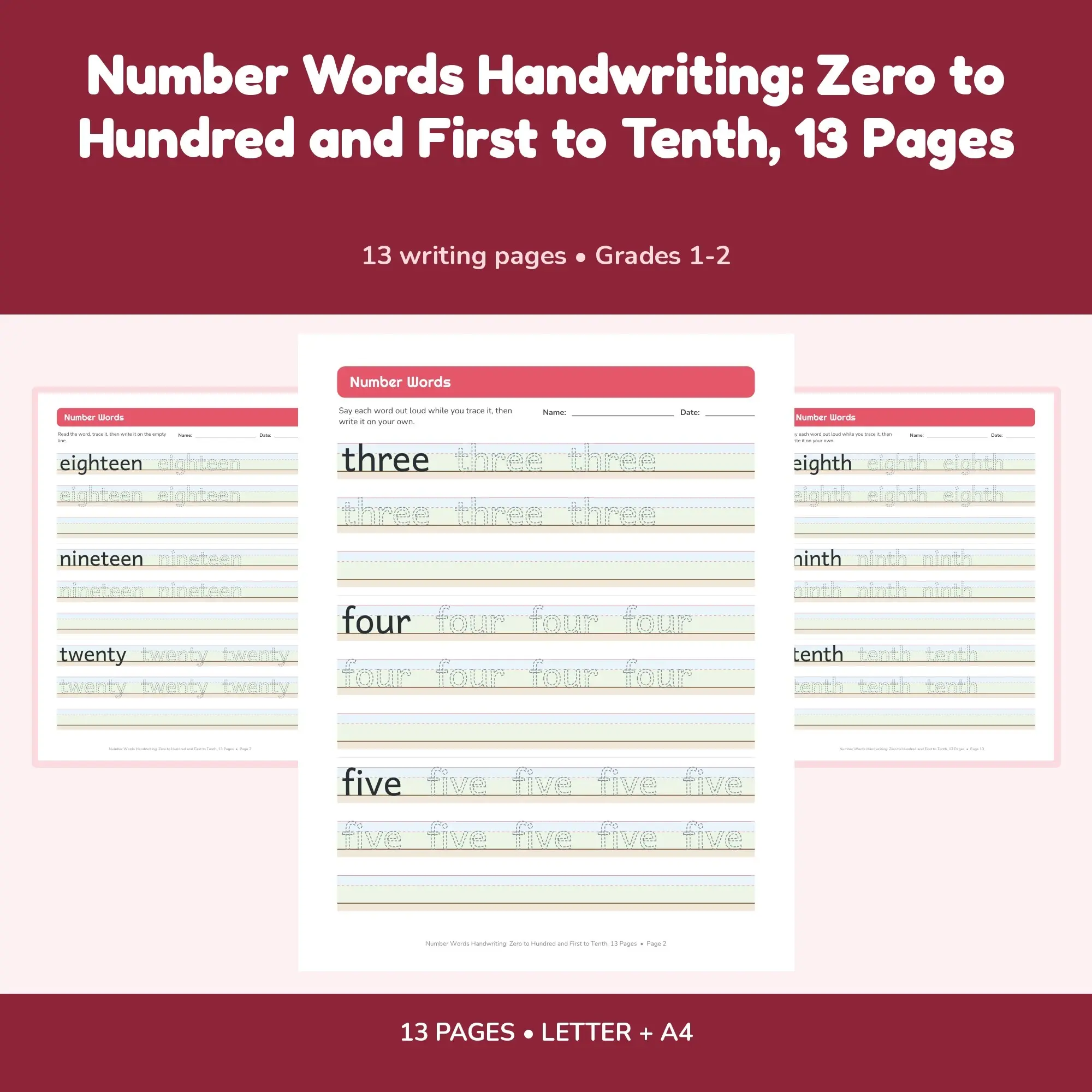 Number Words Handwriting: Zero to Hundred and First to Tenth, 13 Pages preview