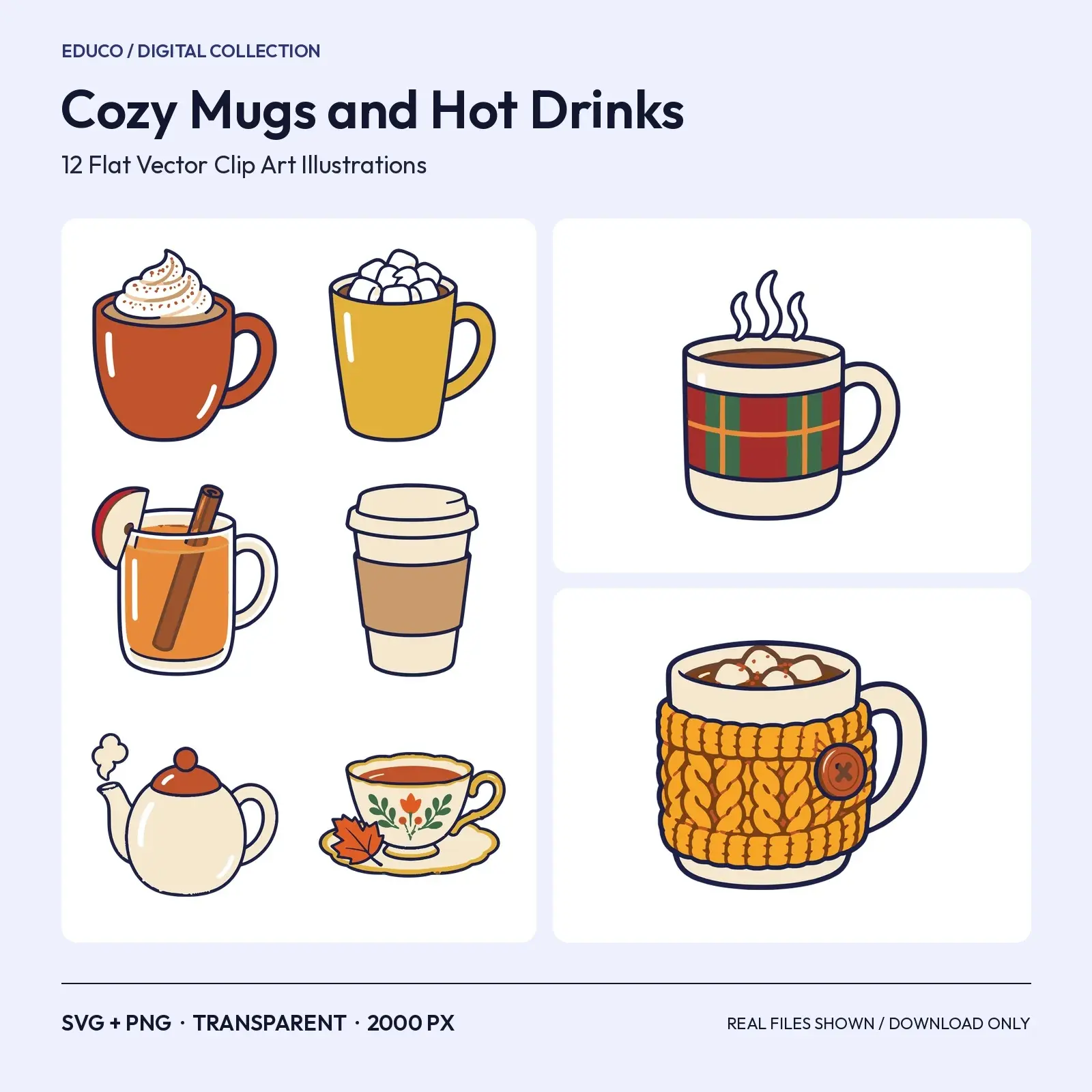 Cozy Mugs and Hot Drinks Clip Art – 12 Flat Vector Autumn Beverages preview