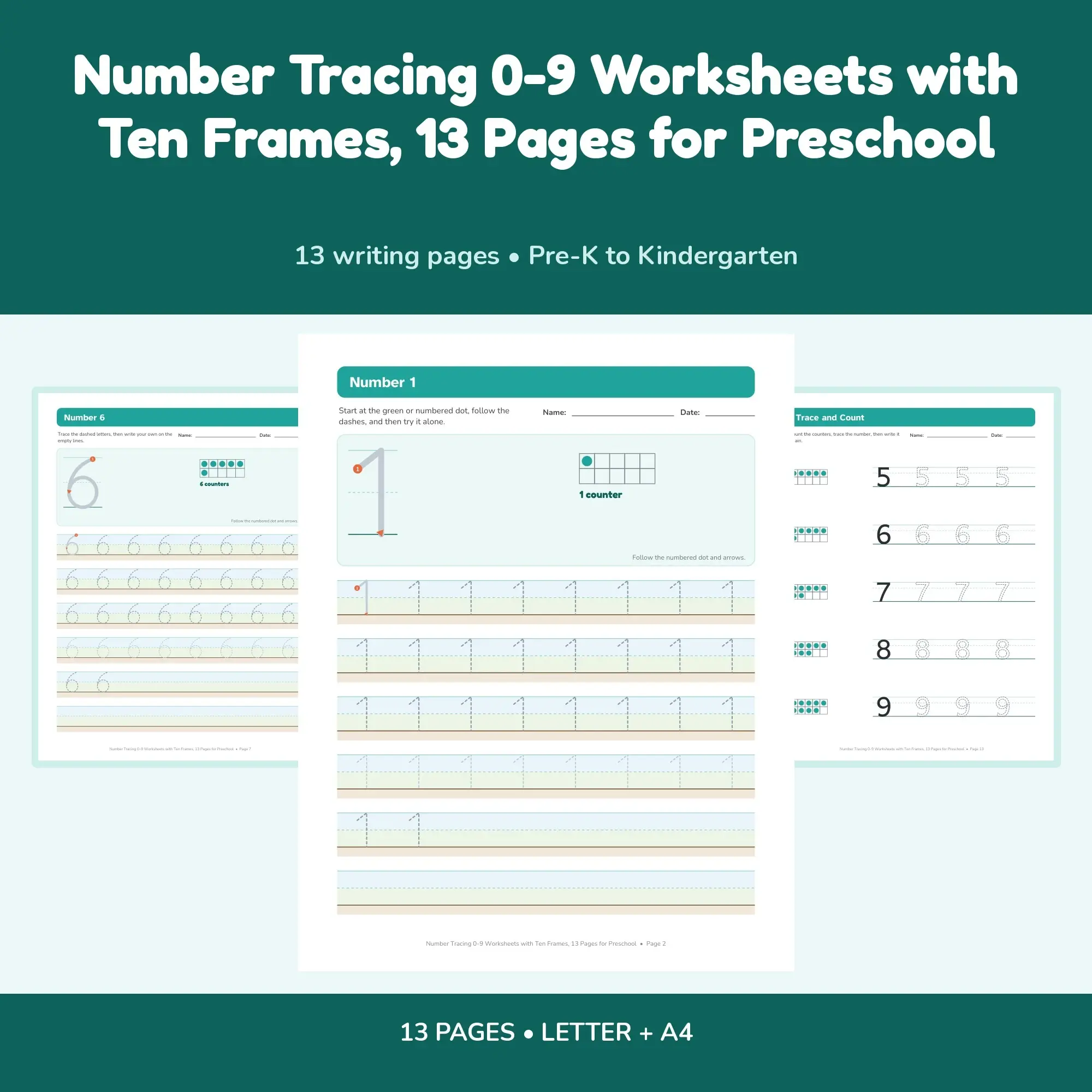 Number Tracing 0-9 Worksheets with Ten Frames, 13 Pages for Preschool preview