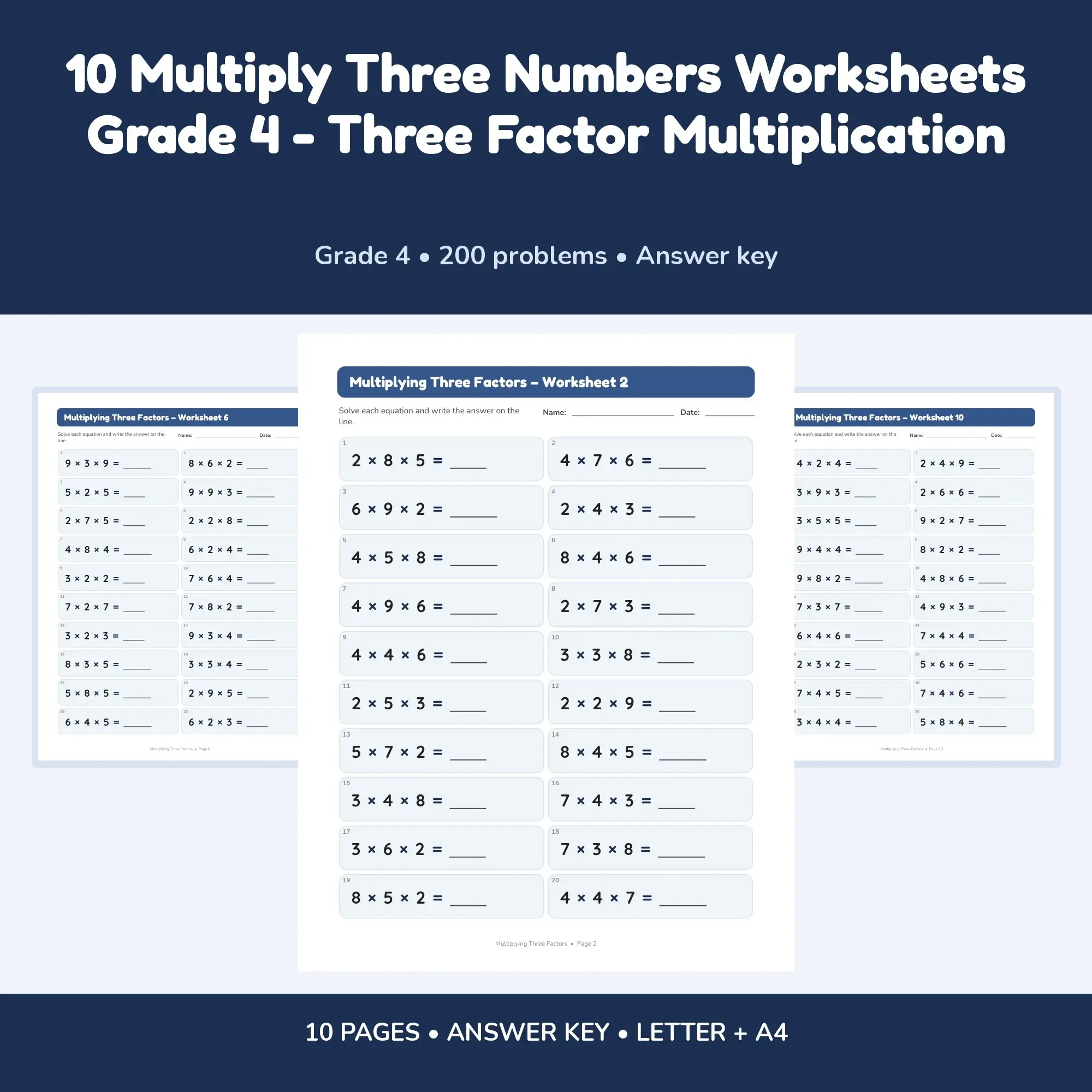10 Multiply Three Numbers Worksheets Grade 4 - Three Factor Multiplication preview