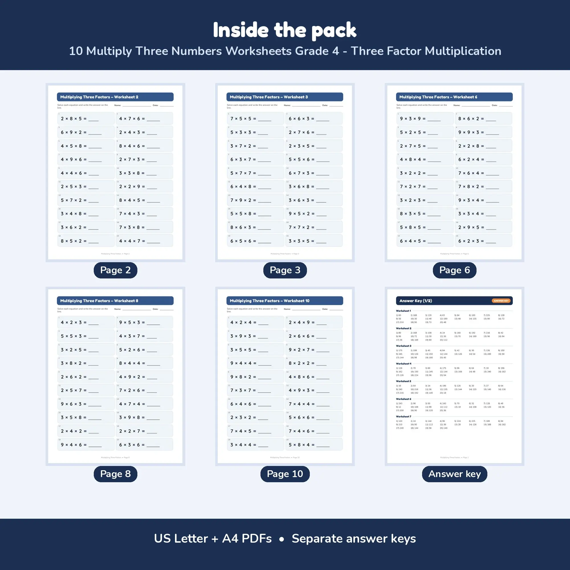 10 Multiply Three Numbers Worksheets Grade 4 - Three Factor Multiplication, preview 2 of 2