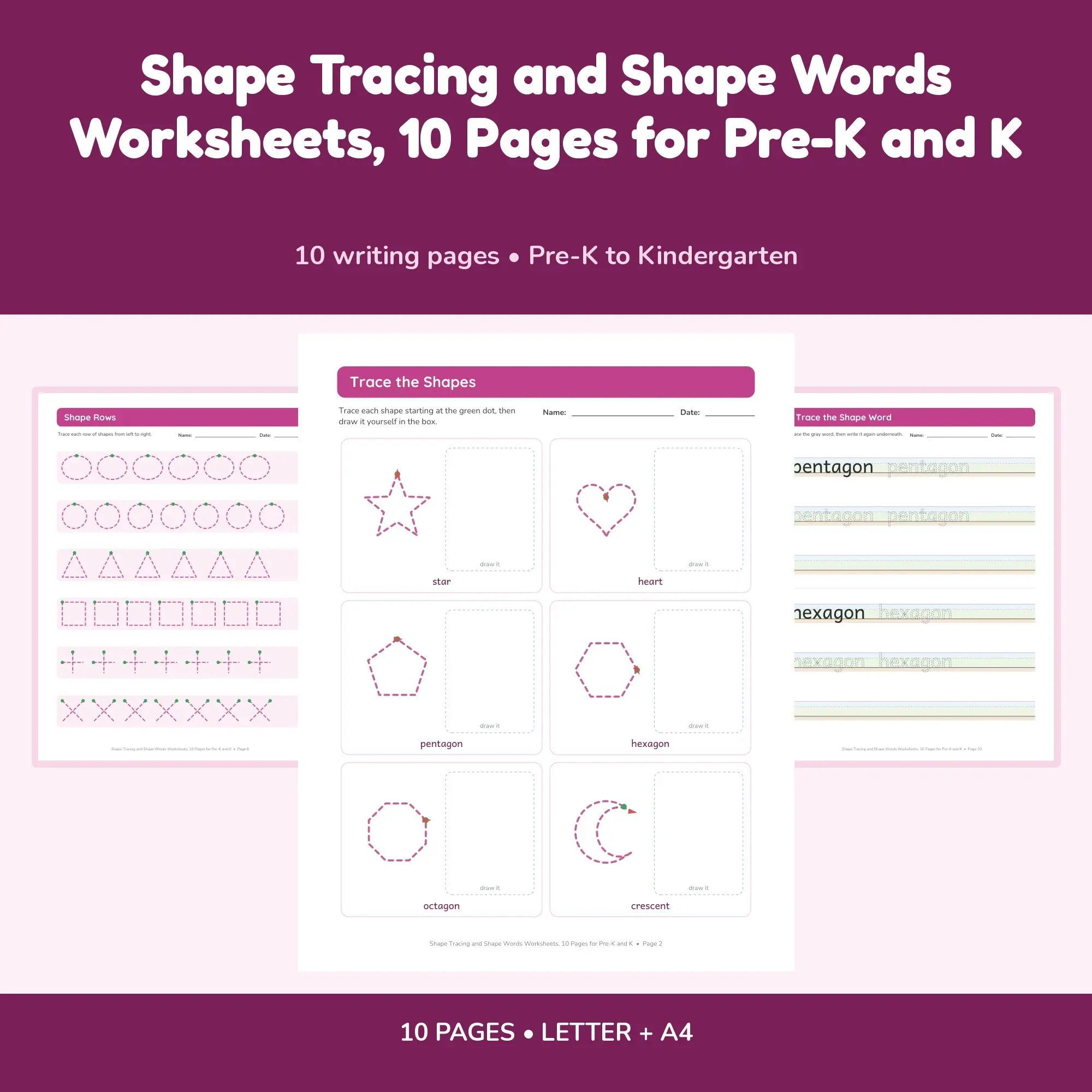 Shape Tracing and Shape Words Worksheets, 10 Pages for Pre-K and K preview