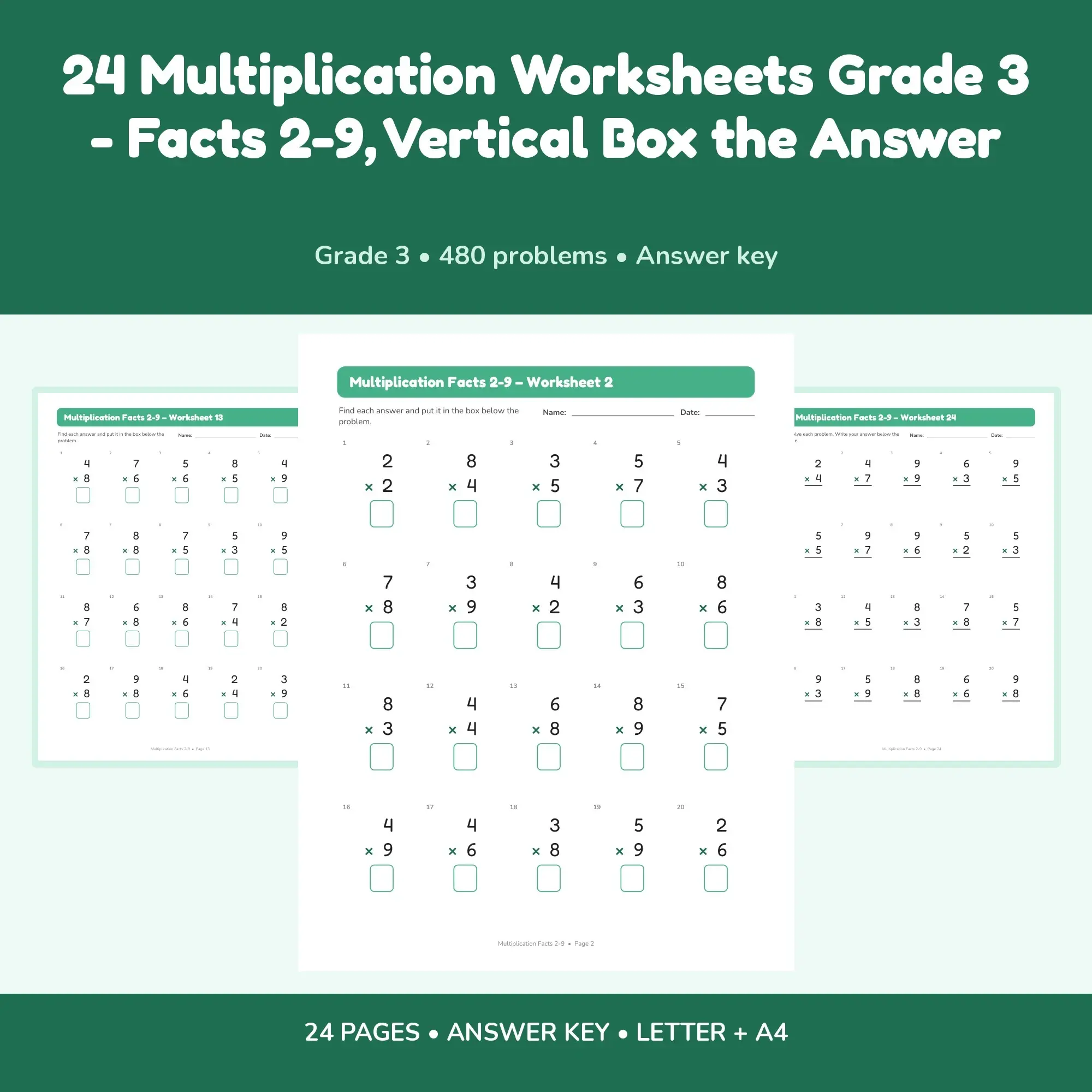 24 Multiplication Worksheets Grade 3 - Facts 2-9, Vertical Box the Answer preview