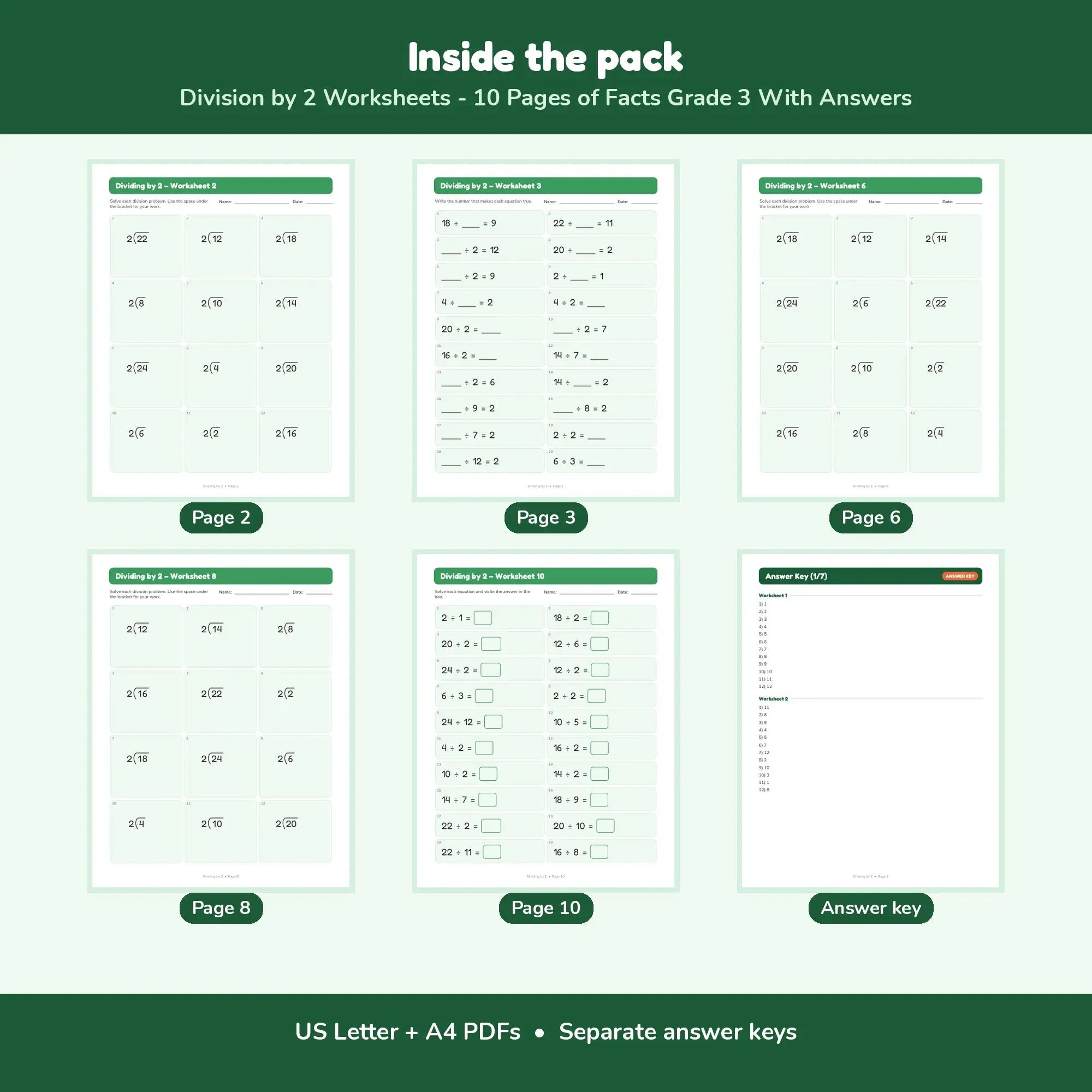 Division by 2 Worksheets - 10 Pages of Facts Grade 3 With Answers, preview 2 of 2