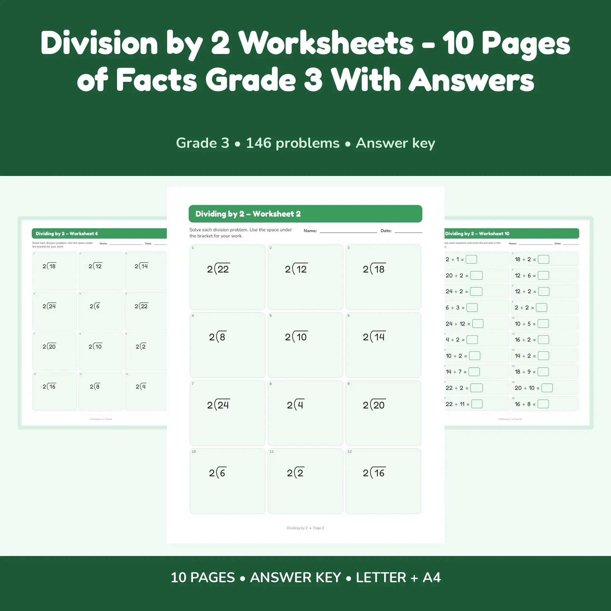 Division by 2 Worksheets - 10 Pages of Facts Grade 3 With Answers preview