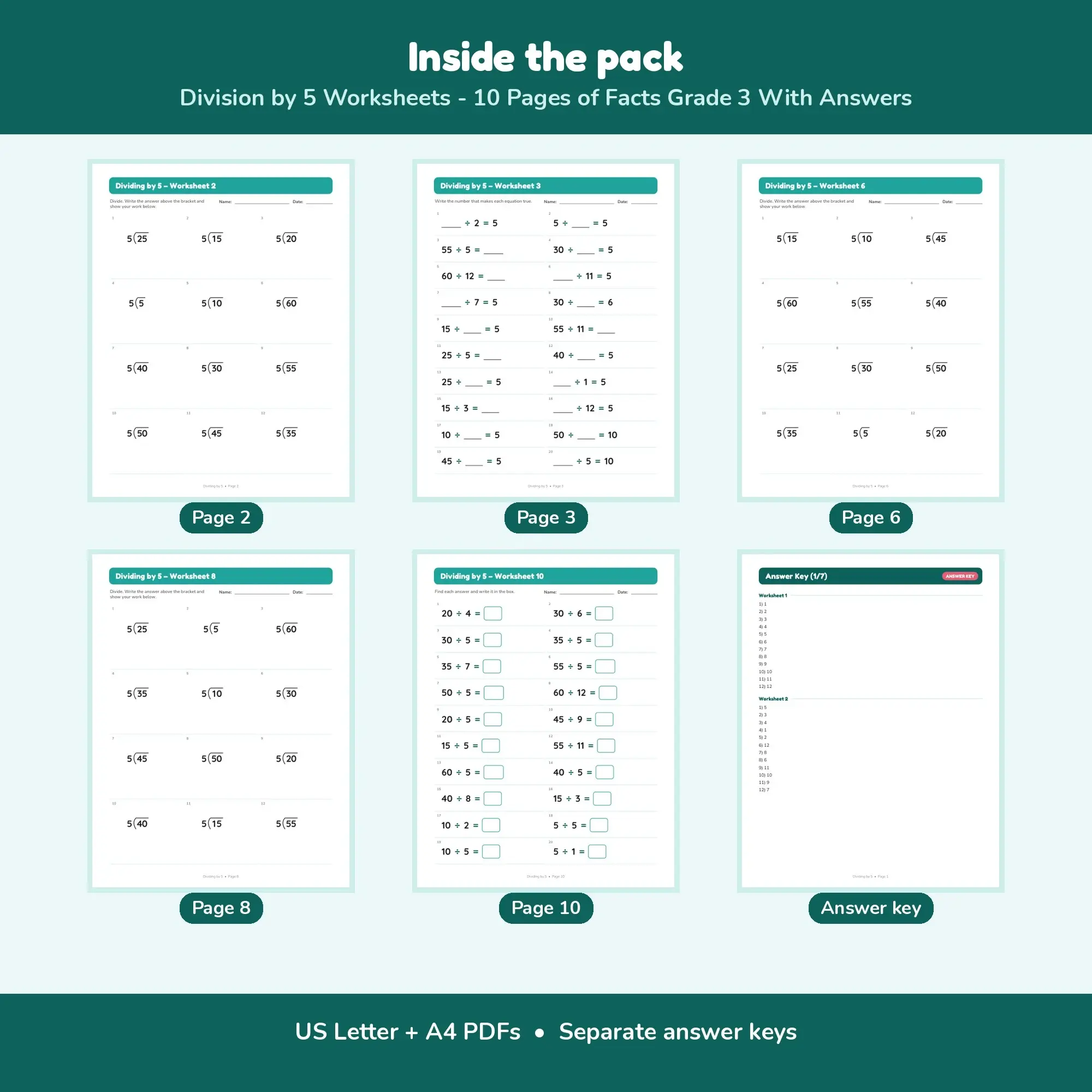 Division by 5 Worksheets - 10 Pages of Facts Grade 3 With Answers, preview 2 of 2