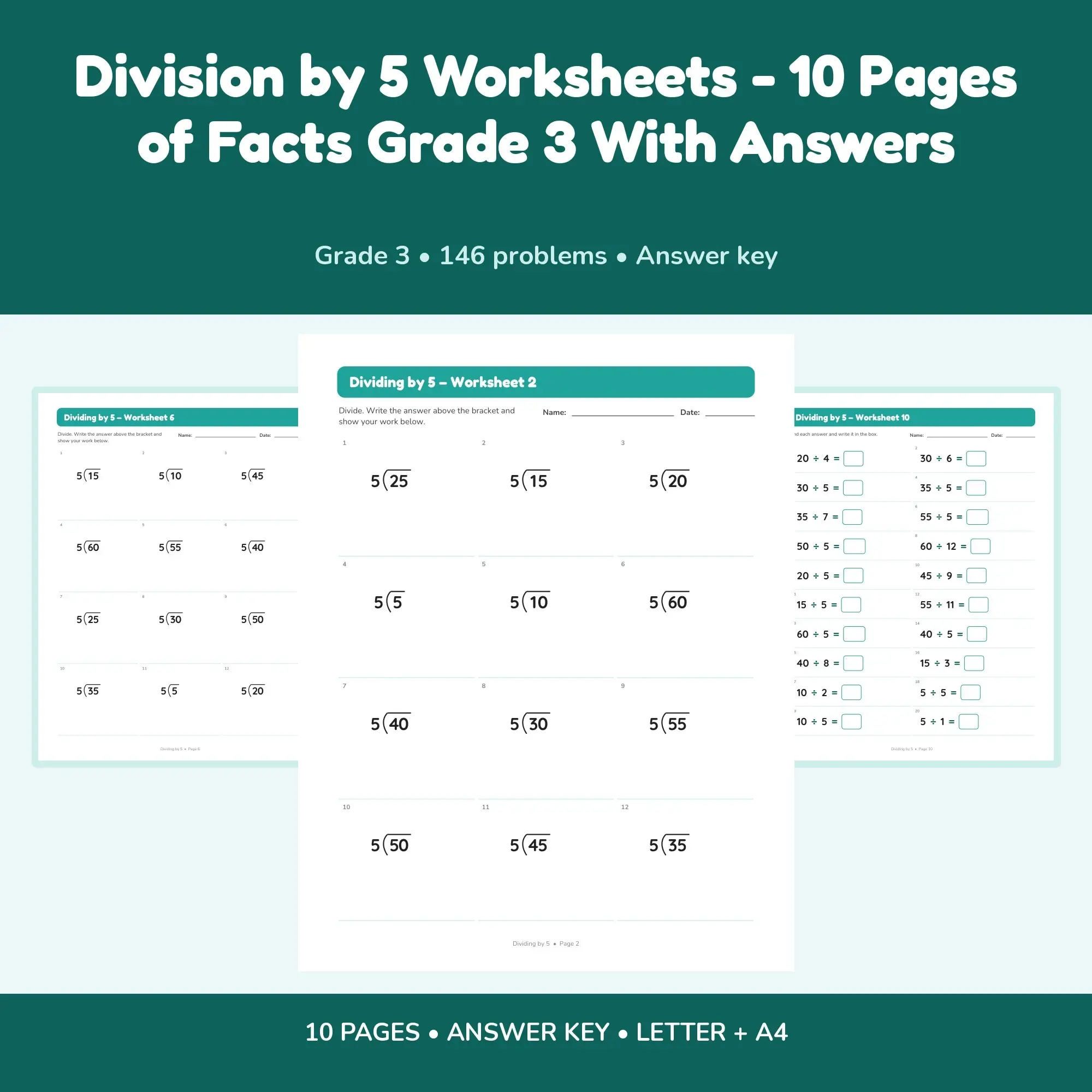 Division by 5 Worksheets - 10 Pages of Facts Grade 3 With Answers, preview 1 of 2