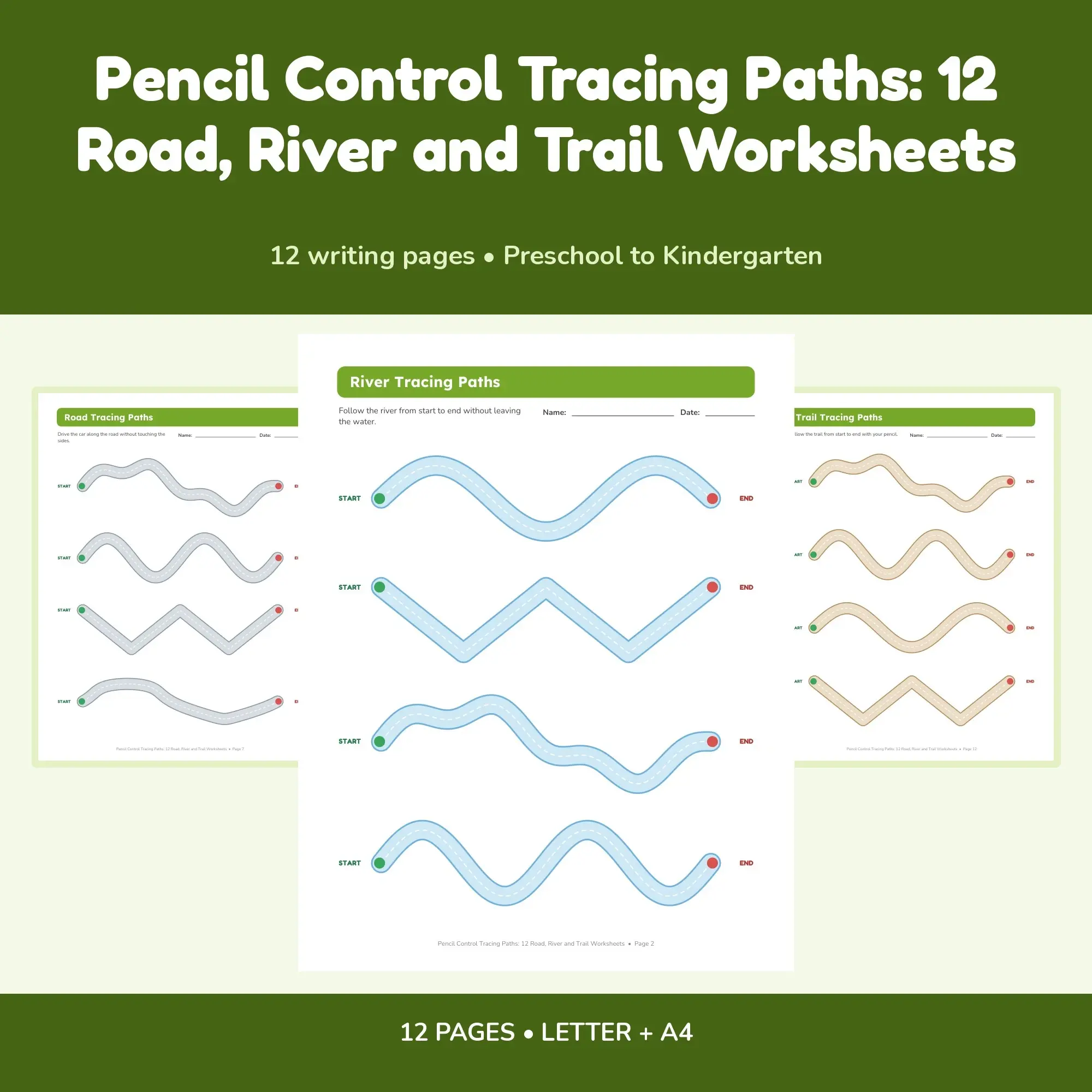 Pencil Control Tracing Paths: 12 Road, River and Trail Worksheets preview