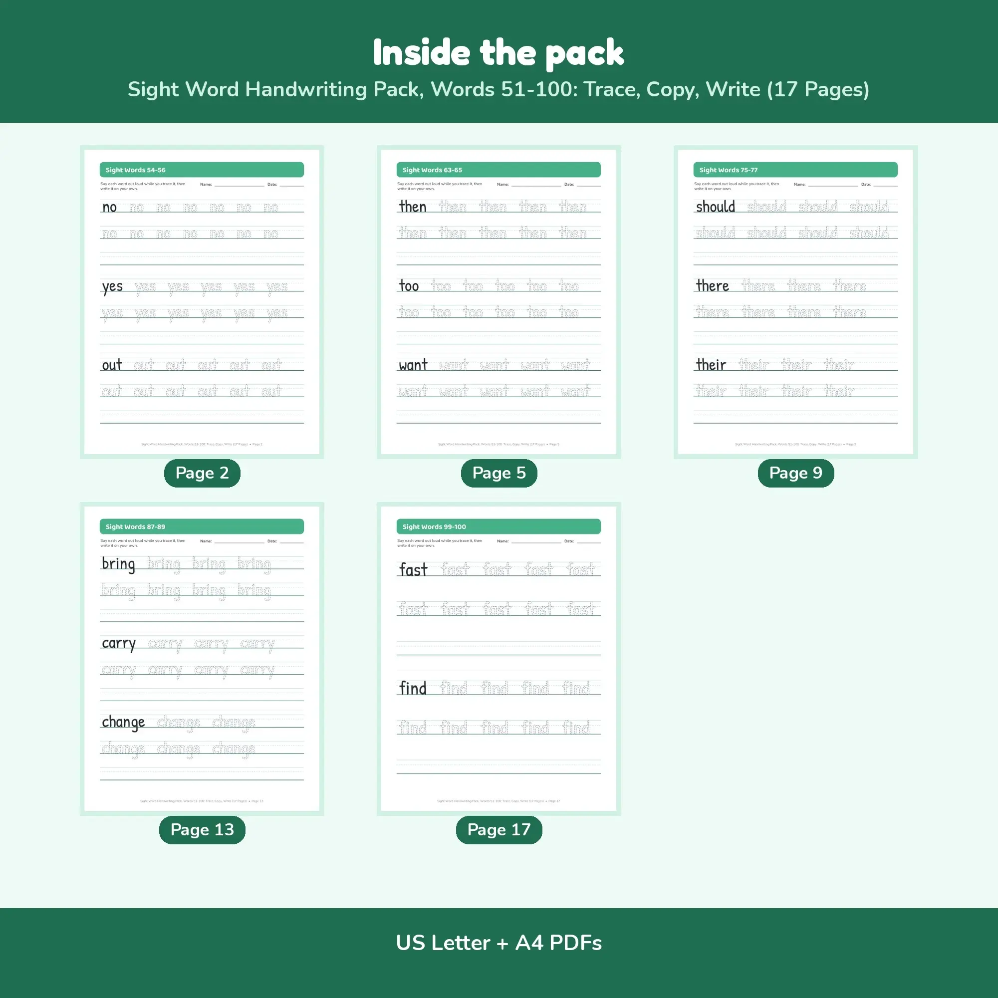 Sight Word Handwriting Pack, Words 51-100: Trace, Copy, Write (17 Pages), preview 2 of 2