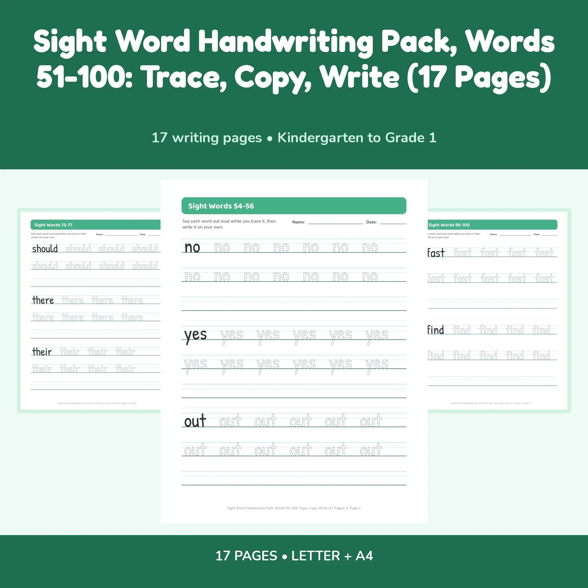 Sight Word Handwriting Pack, Words 51-100: Trace, Copy, Write (17 Pages), preview 1 of 2