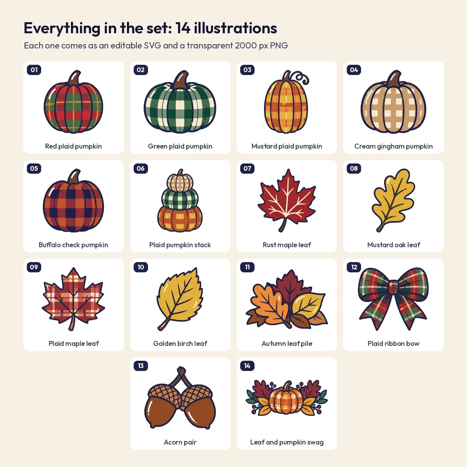 Plaid Pumpkins and Autumn Leaves Clip Art – 14 Flat Vector Farmhouse Pieces, preview 2 of 4