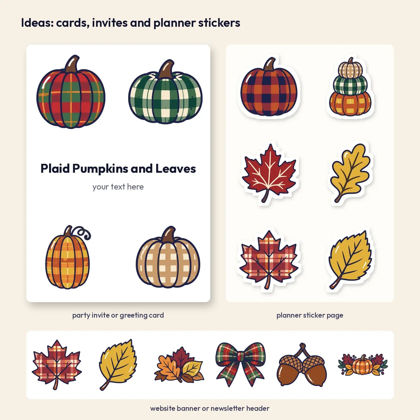 Plaid Pumpkins and Autumn Leaves Clip Art – 14 Flat Vector Farmhouse Pieces, preview 4 of 4