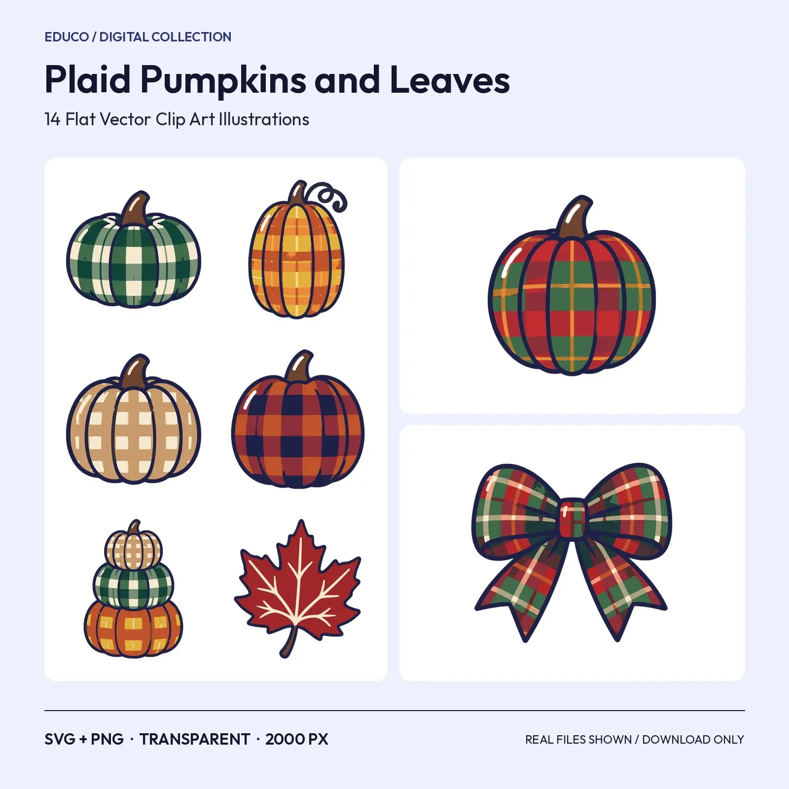 Plaid Pumpkins and Autumn Leaves Clip Art – 14 Flat Vector Farmhouse Pieces preview