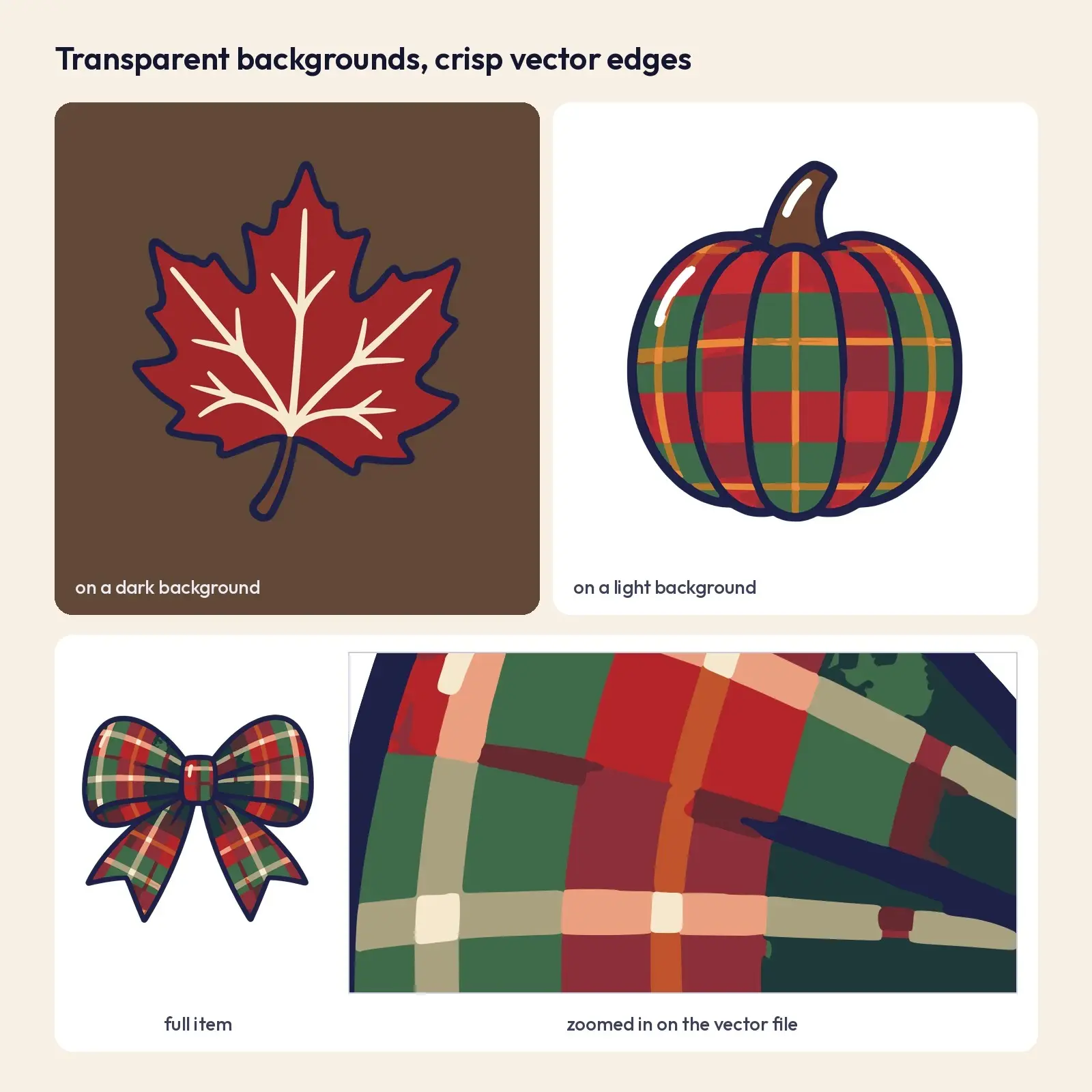 Plaid Pumpkins and Autumn Leaves Clip Art – 14 Flat Vector Farmhouse Pieces, preview 3 of 4