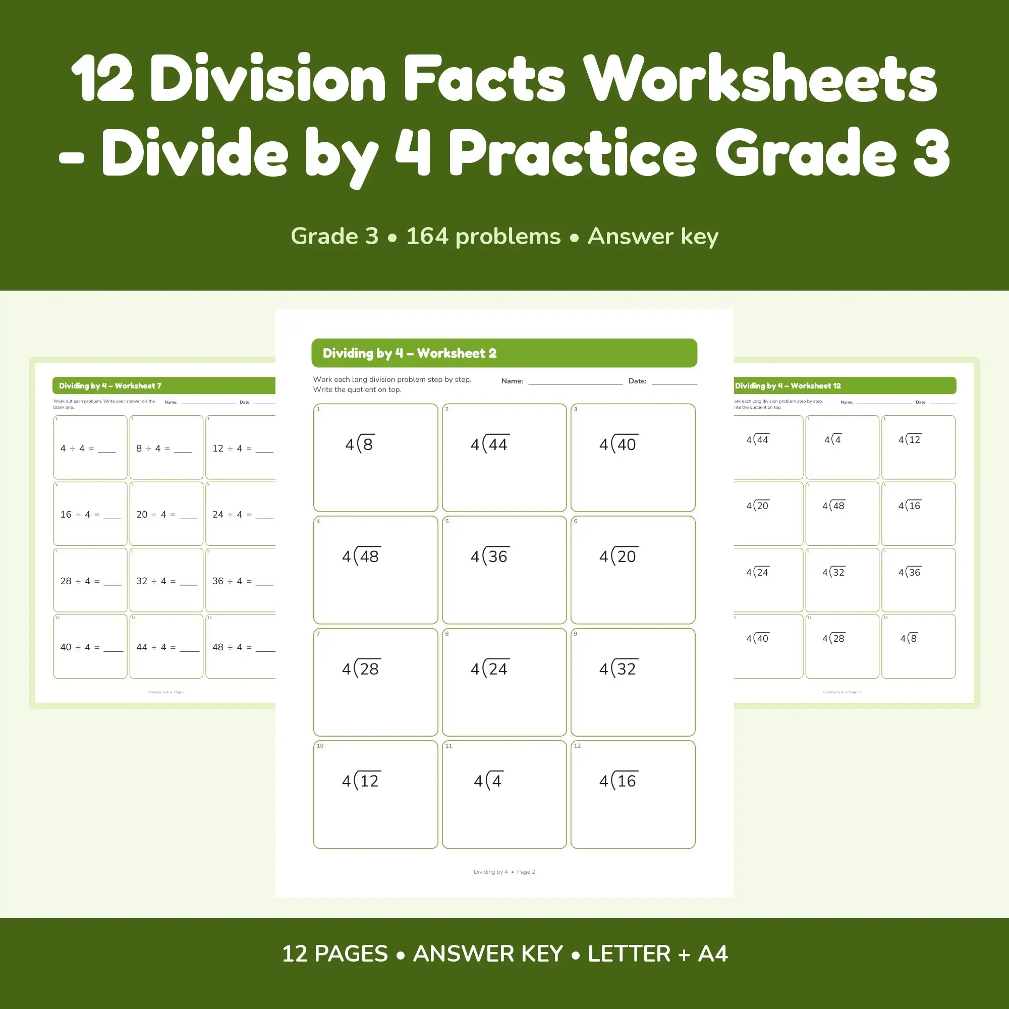 12 Division Facts Worksheets - Divide by 4 Practice Grade 3 preview