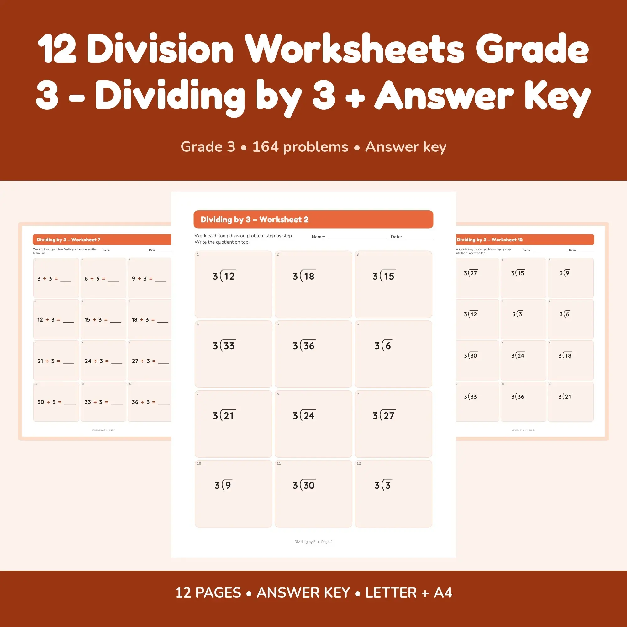 12 Division Worksheets Grade 3 - Dividing by 3 + Answer Key preview