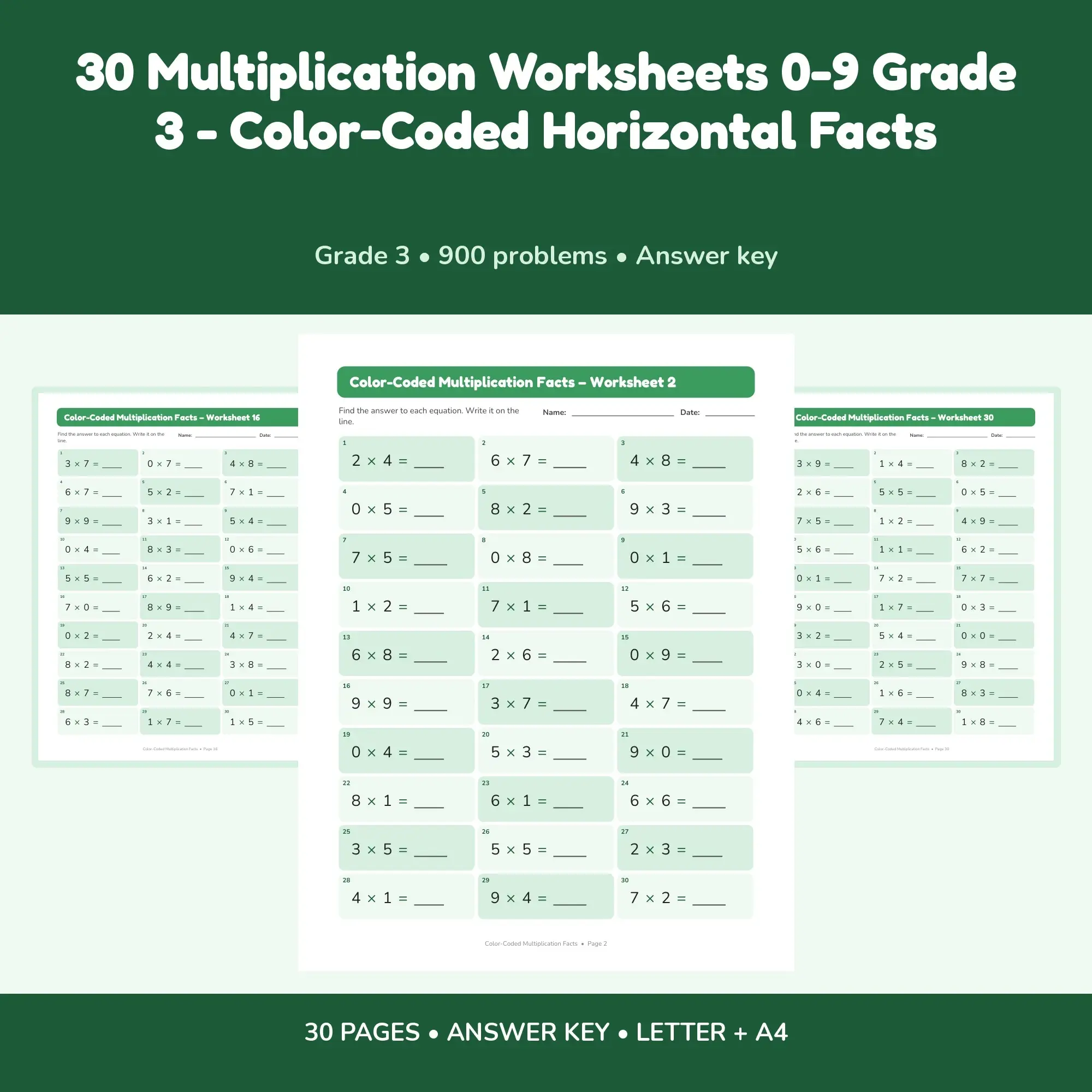 30 Multiplication Worksheets 0-9 Grade 3 - Color-Coded Horizontal Facts preview