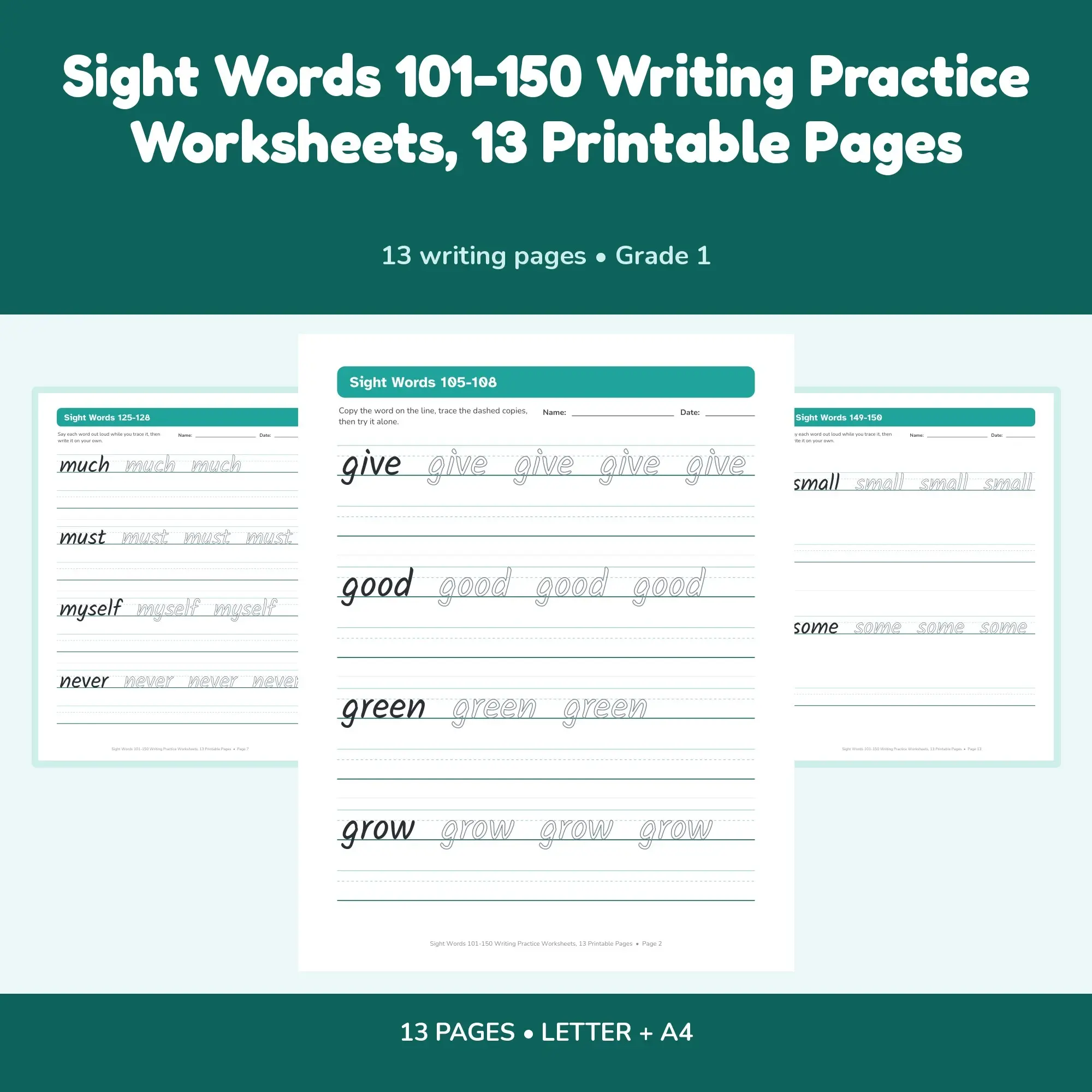 Sight Words 101-150 Writing Practice Worksheets, 13 Printable Pages preview