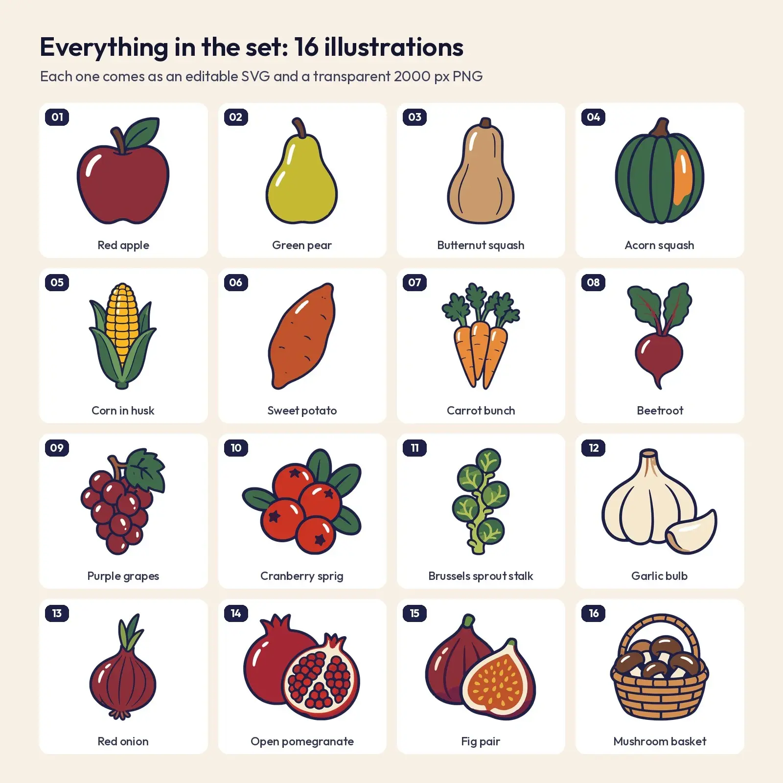 Harvest Produce Clip Art – 16 Flat Vector Fall Fruits and Vegetables, preview 2 of 4