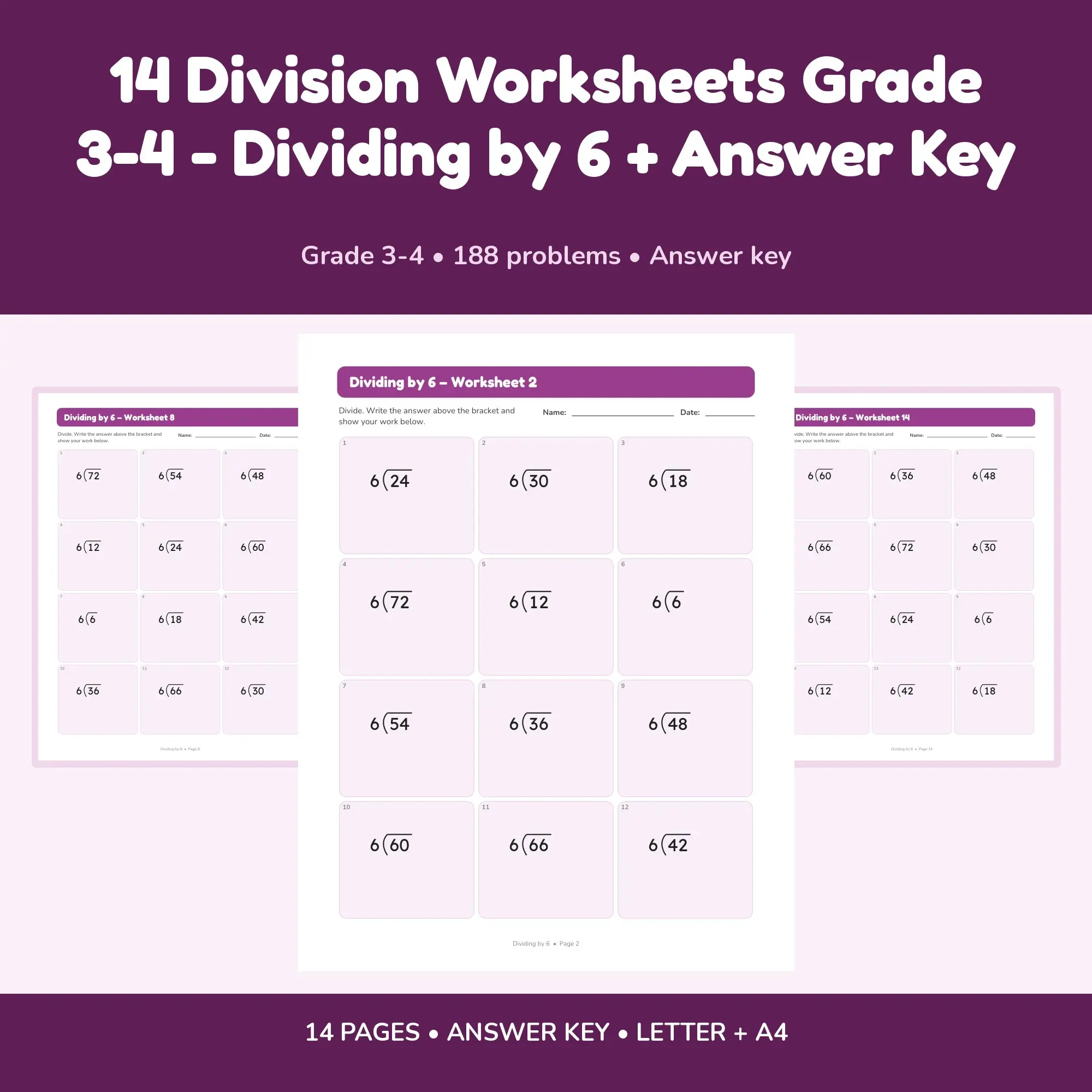 14 Division Worksheets Grade 3-4 - Dividing by 6 + Answer Key preview