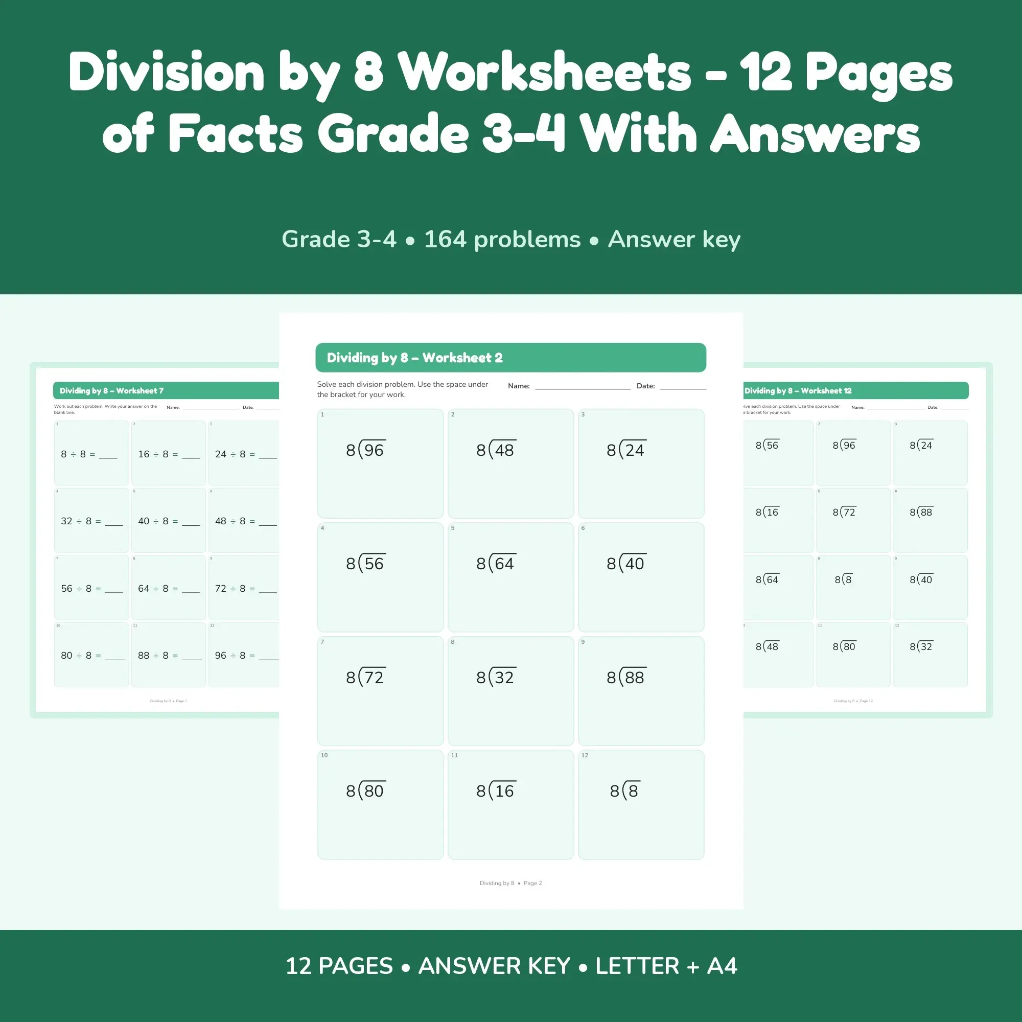 Division by 8 Worksheets - 12 Pages of Facts Grade 3-4 With Answers preview