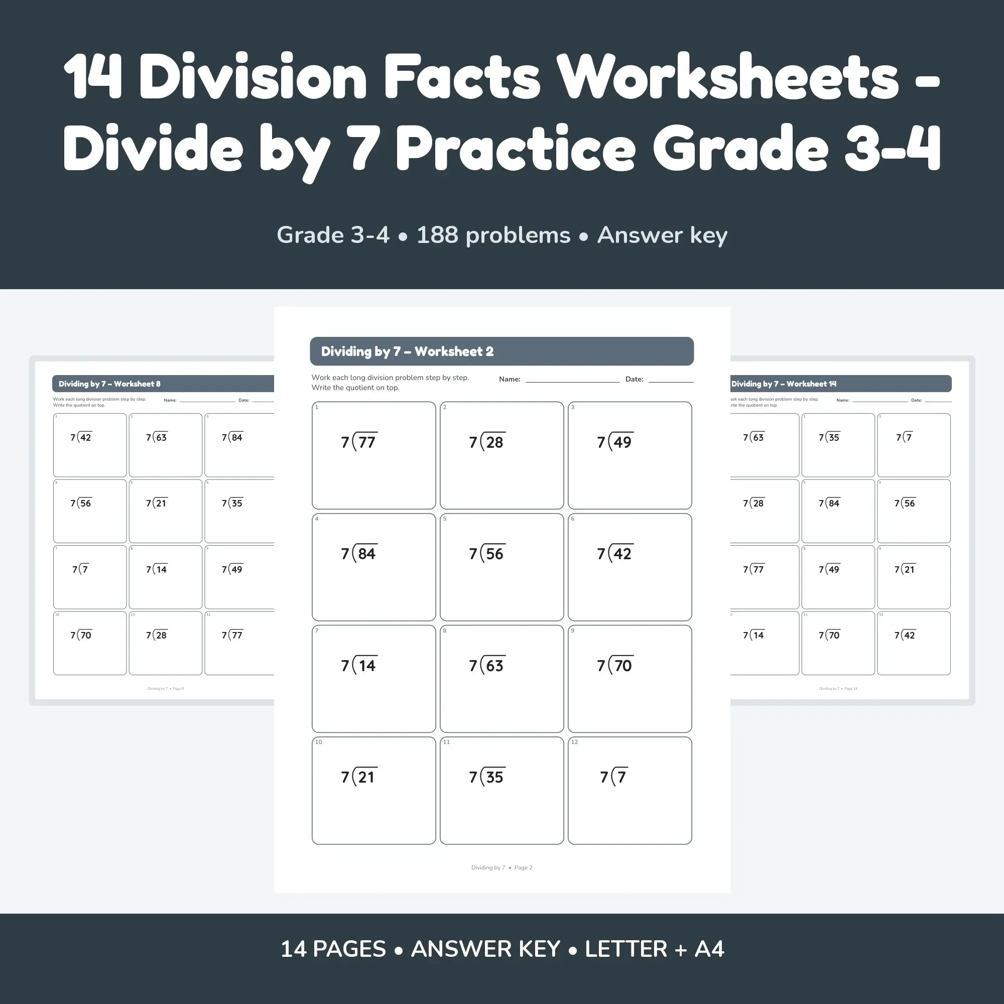 14 Division Facts Worksheets - Divide by 7 Practice Grade 3-4 preview