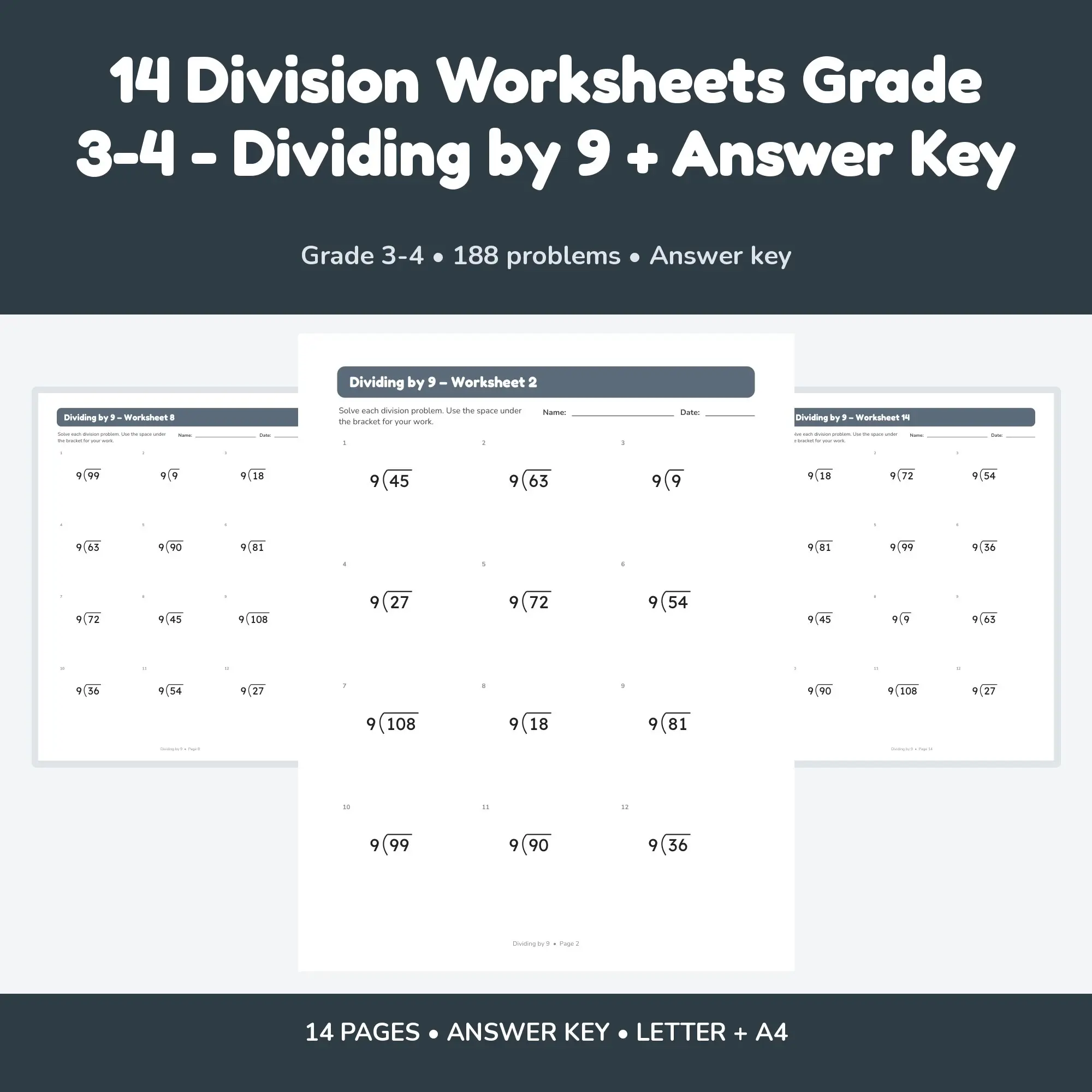 14 Division Worksheets Grade 3-4 - Dividing by 9 + Answer Key preview