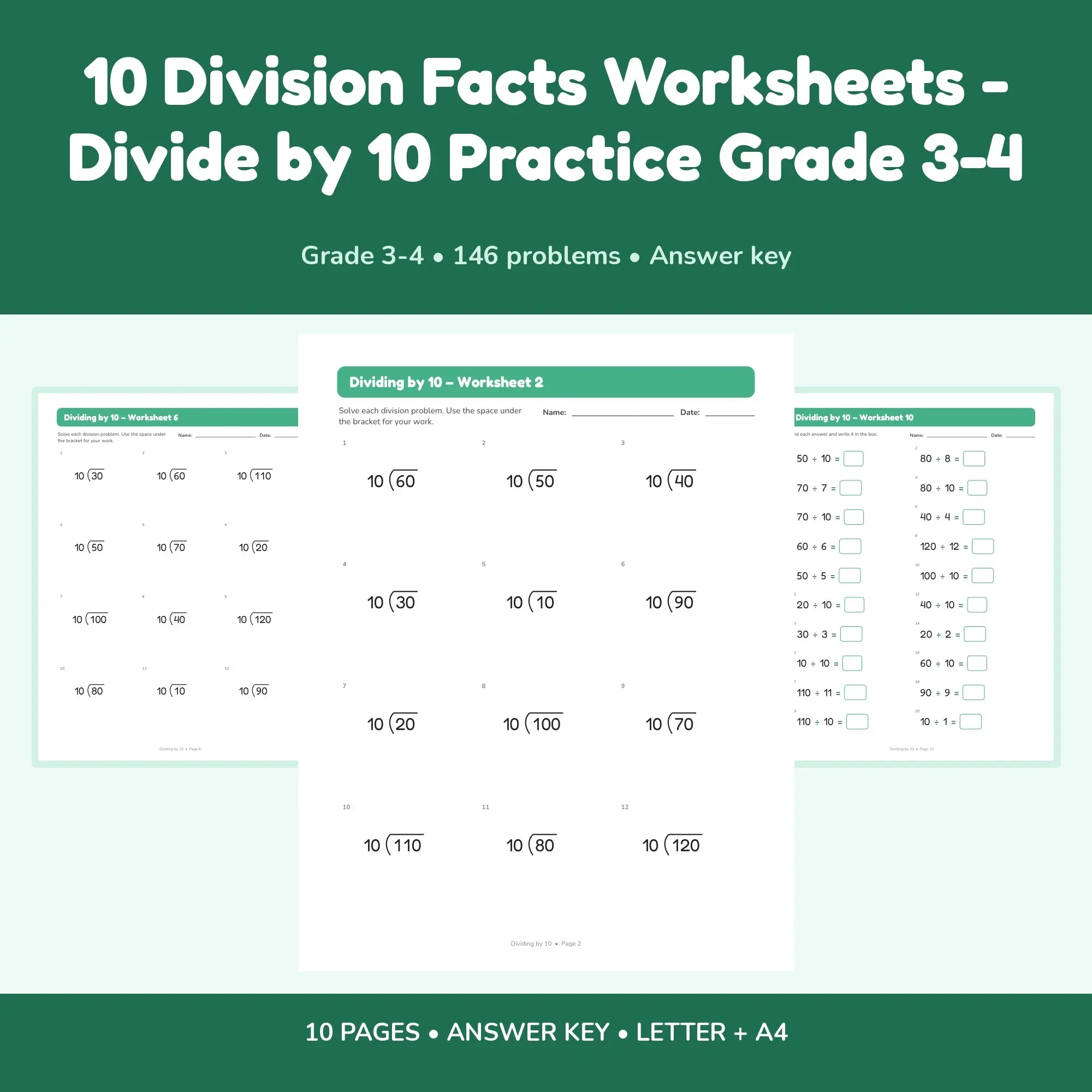 10 Division Facts Worksheets - Divide by 10 Practice Grade 3-4 preview