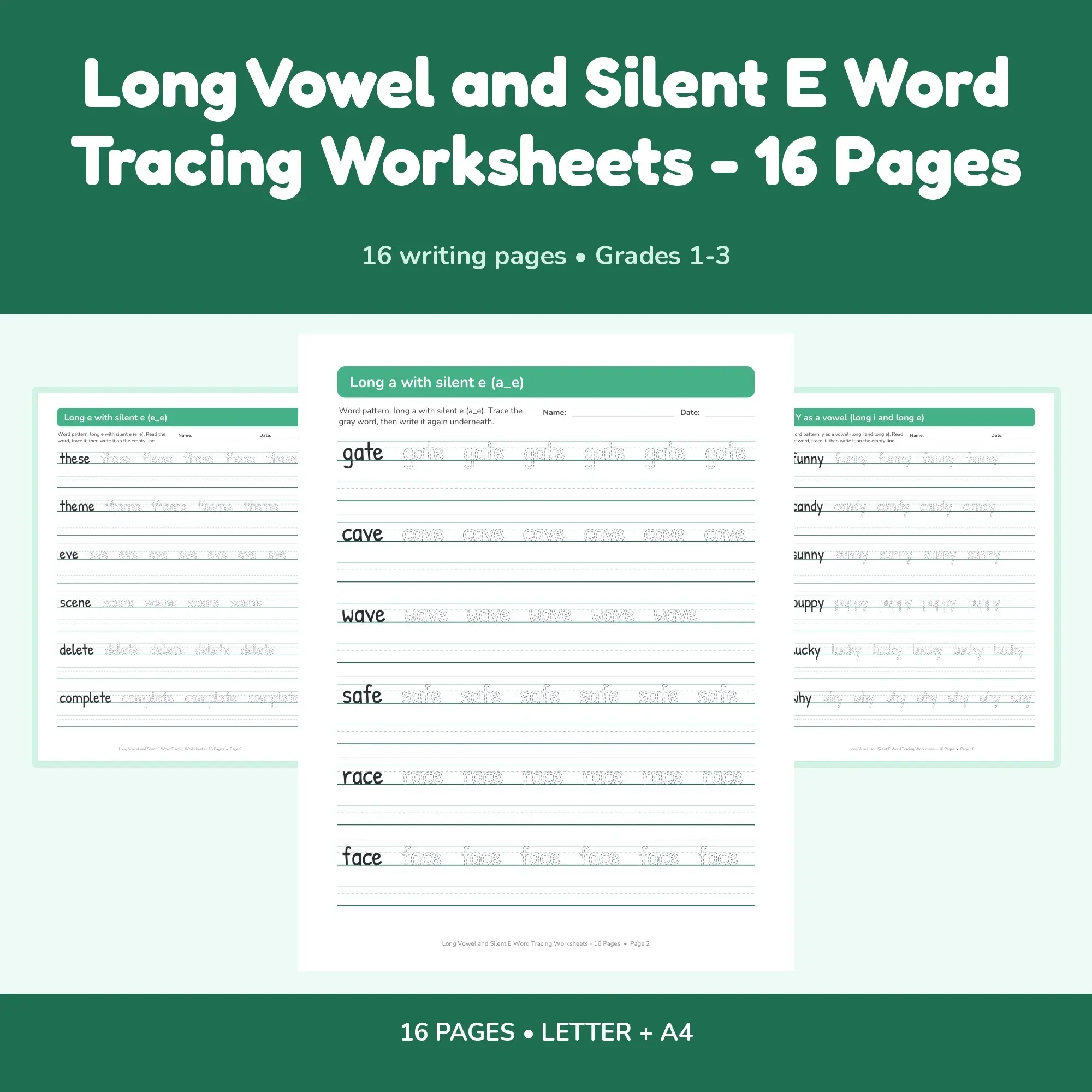 Long Vowel and Silent E Word Tracing Worksheets - 16 Pages preview