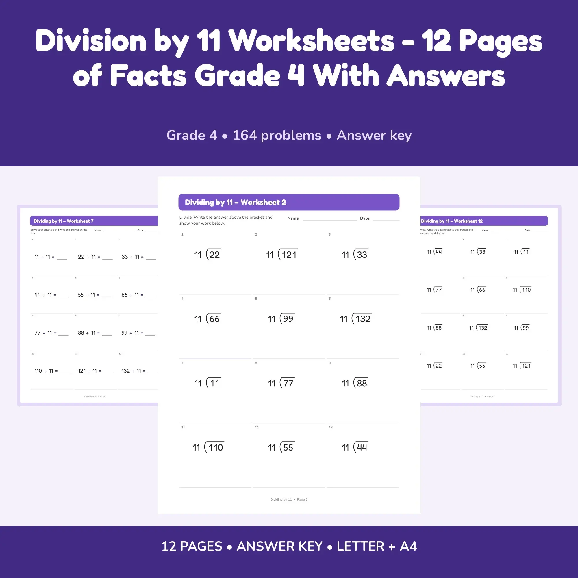 Division by 11 Worksheets - 12 Pages of Facts Grade 4 With Answers preview
