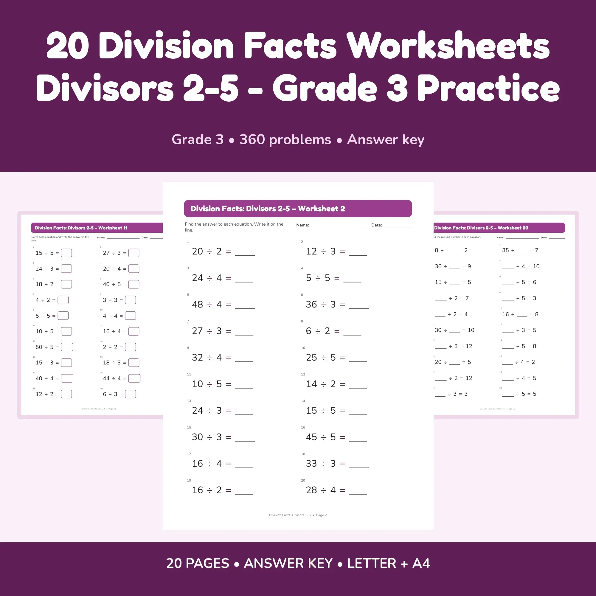 20 Division Facts Worksheets Divisors 2-5 - Grade 3 Practice preview