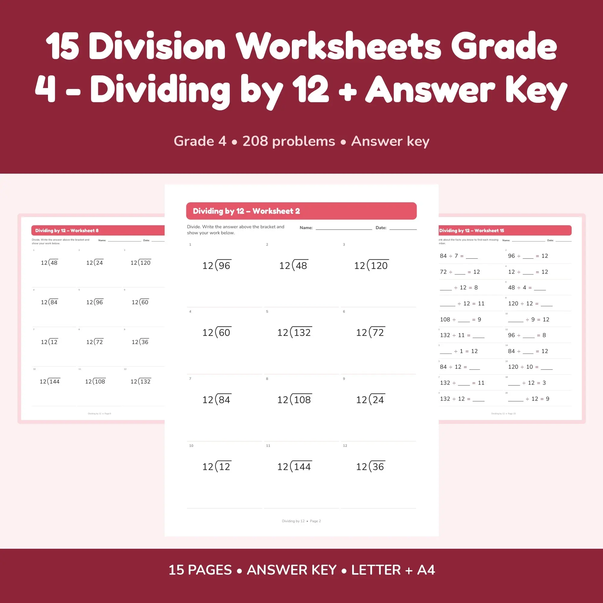 15 Division Worksheets Grade 4 - Dividing by 12 + Answer Key preview