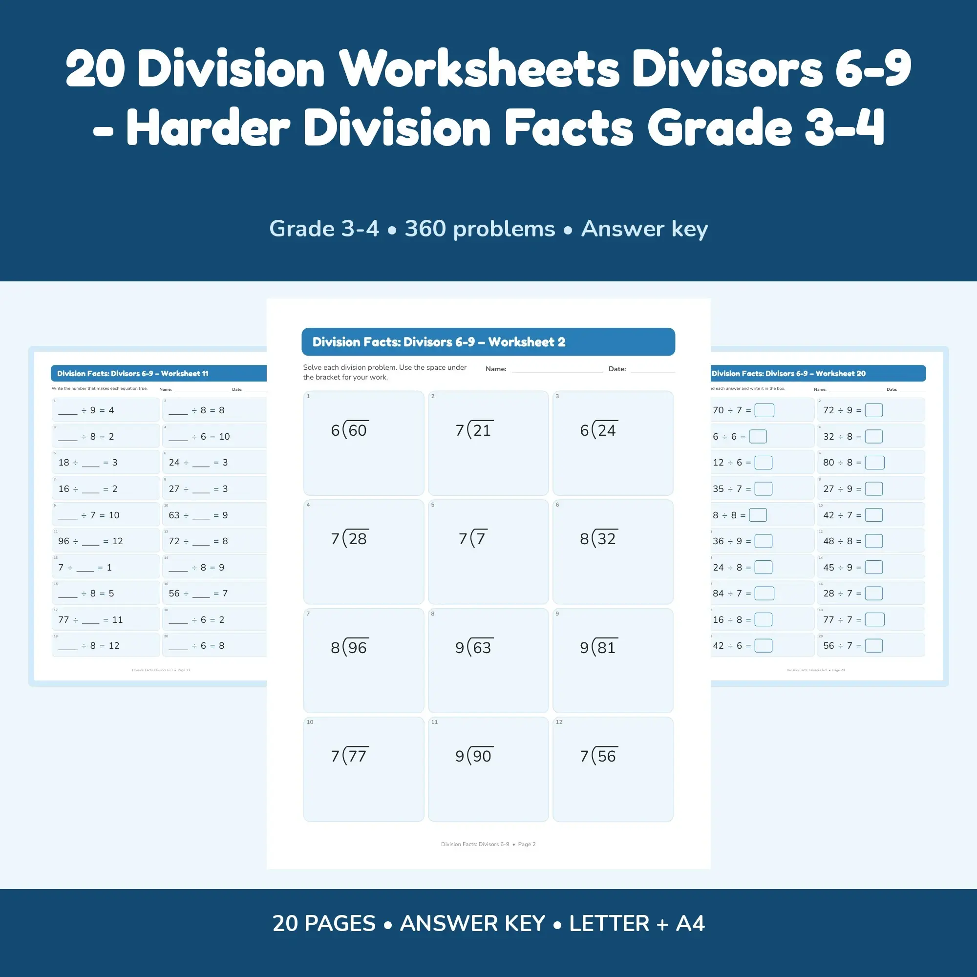 20 Division Worksheets Divisors 6-9 - Harder Division Facts Grade 3-4 preview