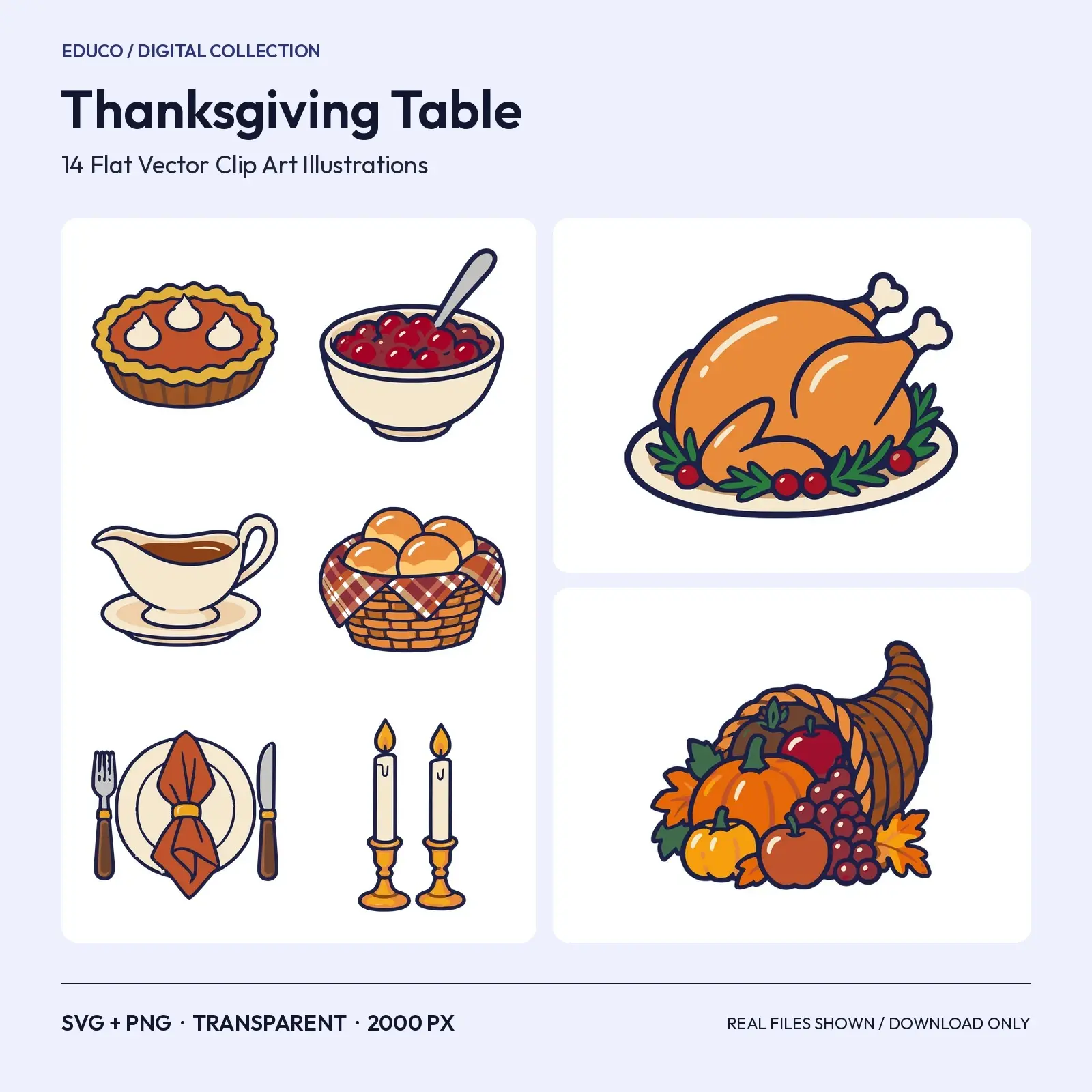 Thanksgiving Table Clip Art – 14 Flat Vector Feast and Tableware Pieces preview