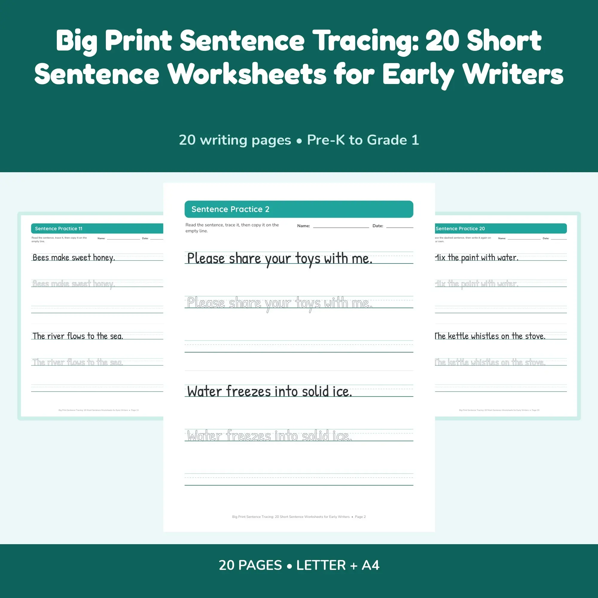 Big Print Sentence Tracing: 20 Short Sentence Worksheets for Early Writers, preview 1 of 2