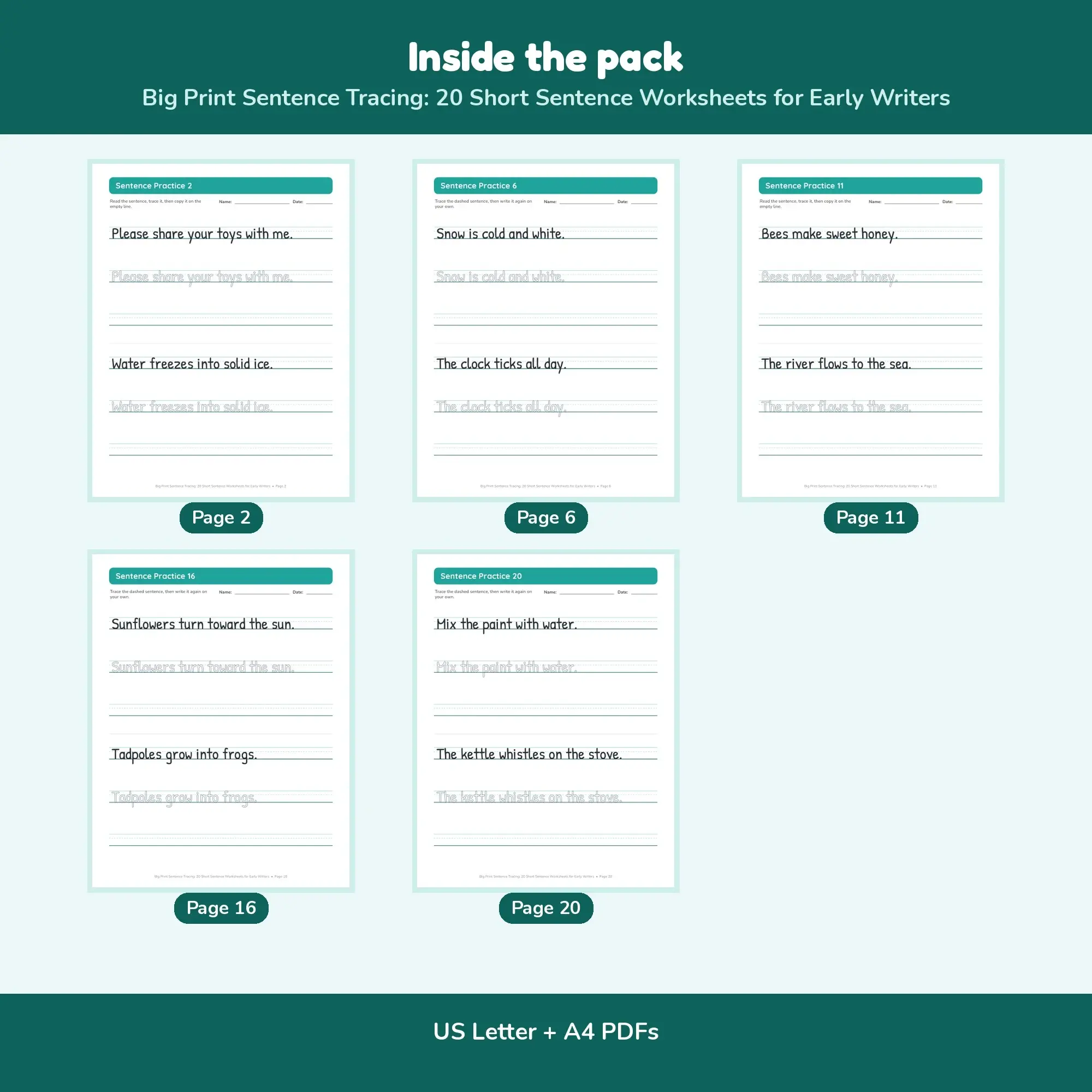Big Print Sentence Tracing: 20 Short Sentence Worksheets for Early Writers, preview 2 of 2