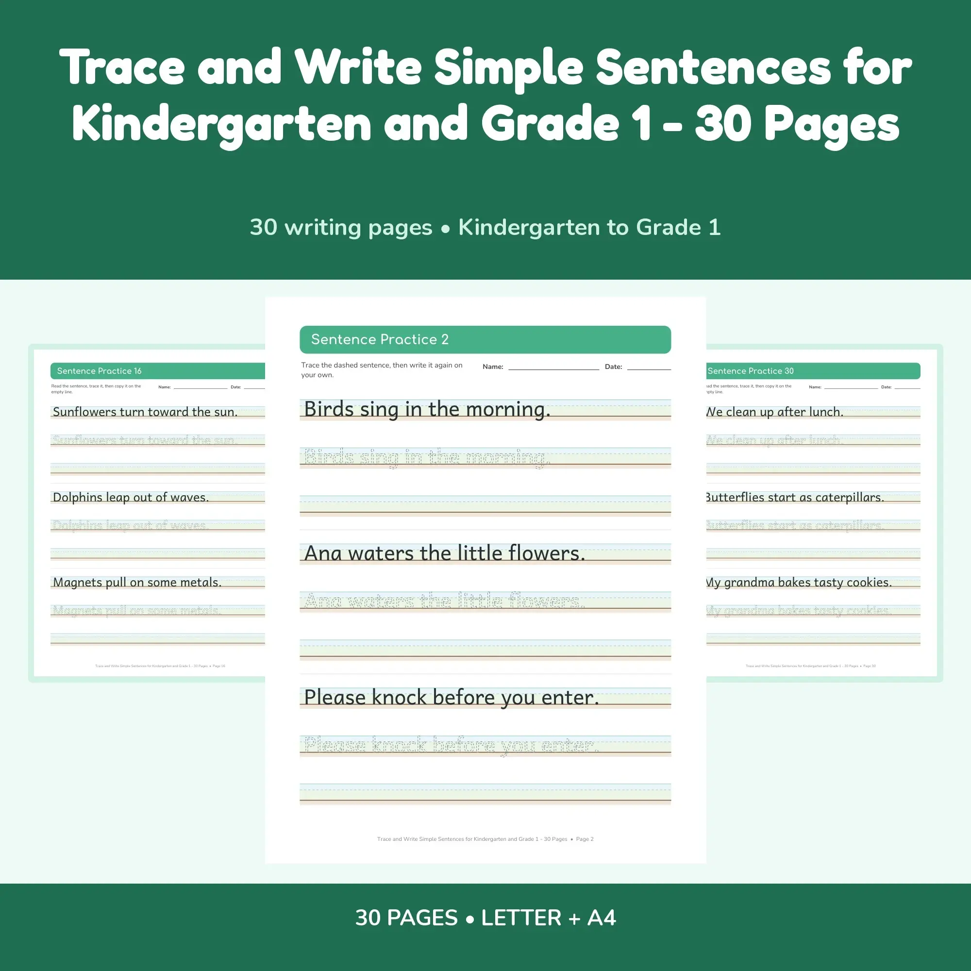 Trace and Write Simple Sentences for Kindergarten and Grade 1 - 30 Pages preview