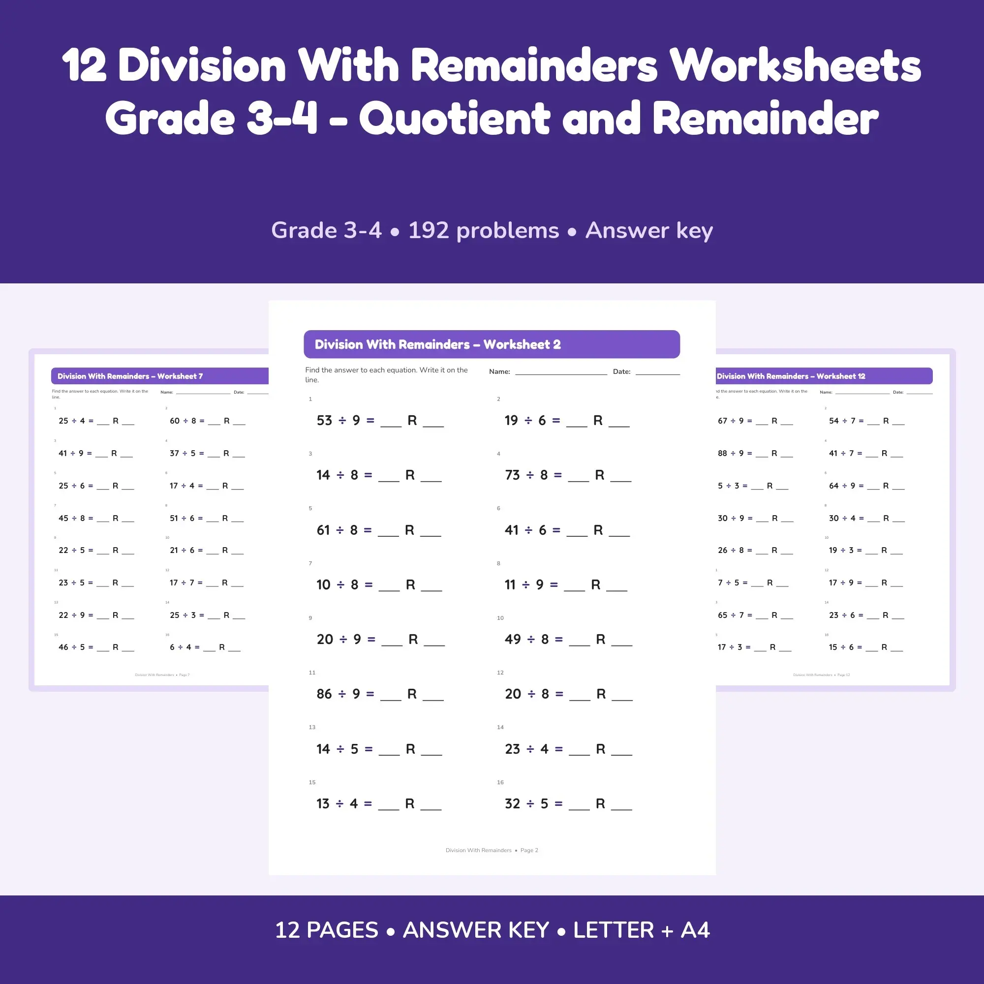 12 Division With Remainders Worksheets Grade 3-4 - Quotient and Remainder preview