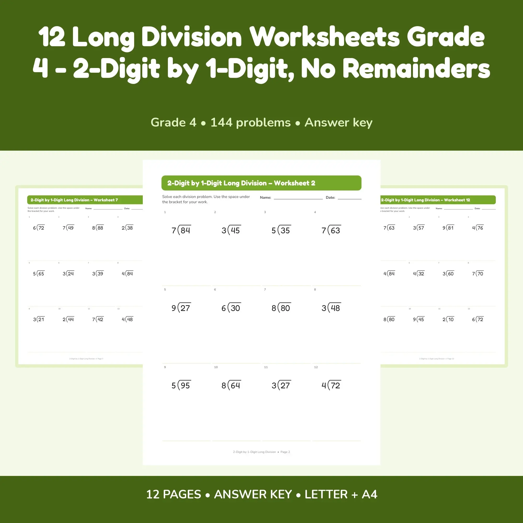 12 Long Division Worksheets Grade 4 - 2-Digit by 1-Digit, No Remainders preview