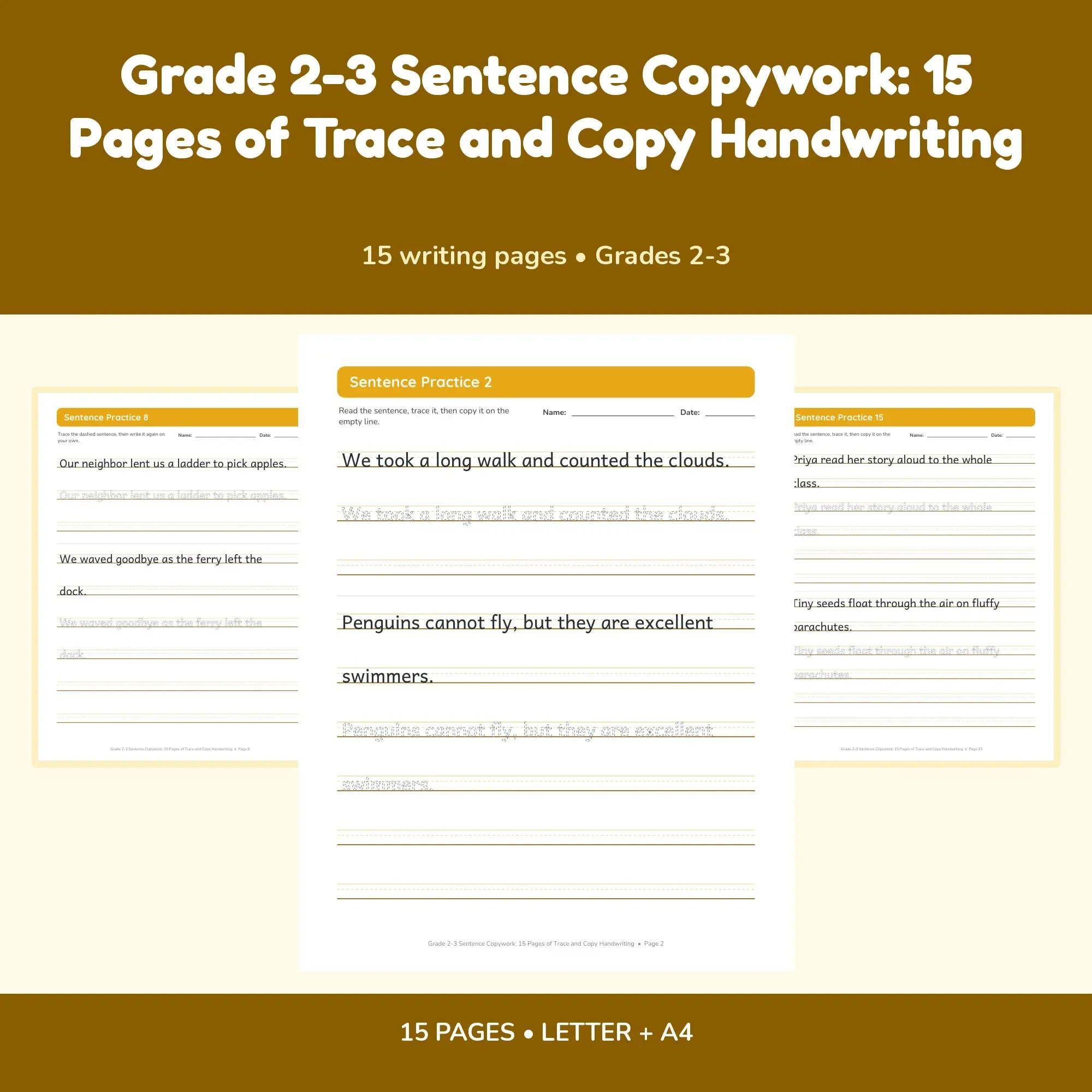 Grade 2-3 Sentence Copywork: 15 Pages of Trace and Copy Handwriting preview