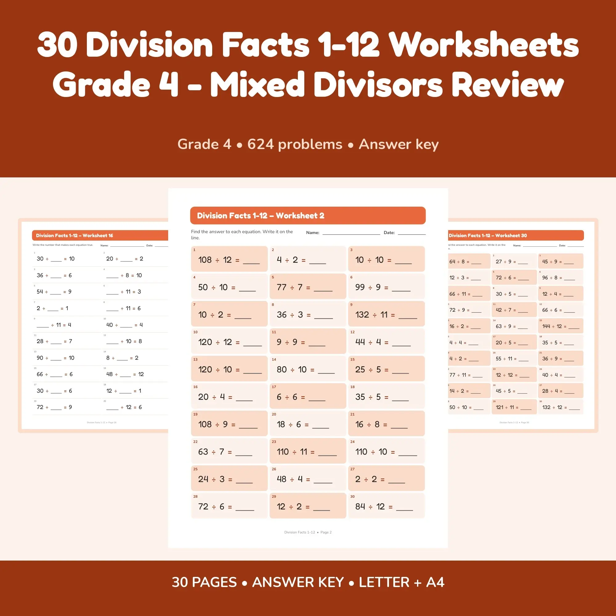 30 Division Facts 1-12 Worksheets Grade 4 - Mixed Divisors Review preview