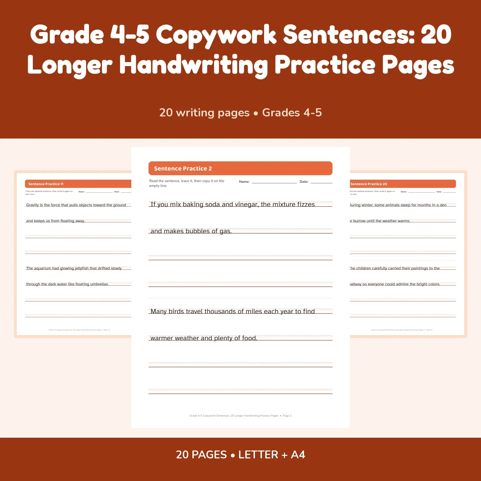 Grade 4-5 Copywork Sentences: 20 Longer Handwriting Practice Pages preview