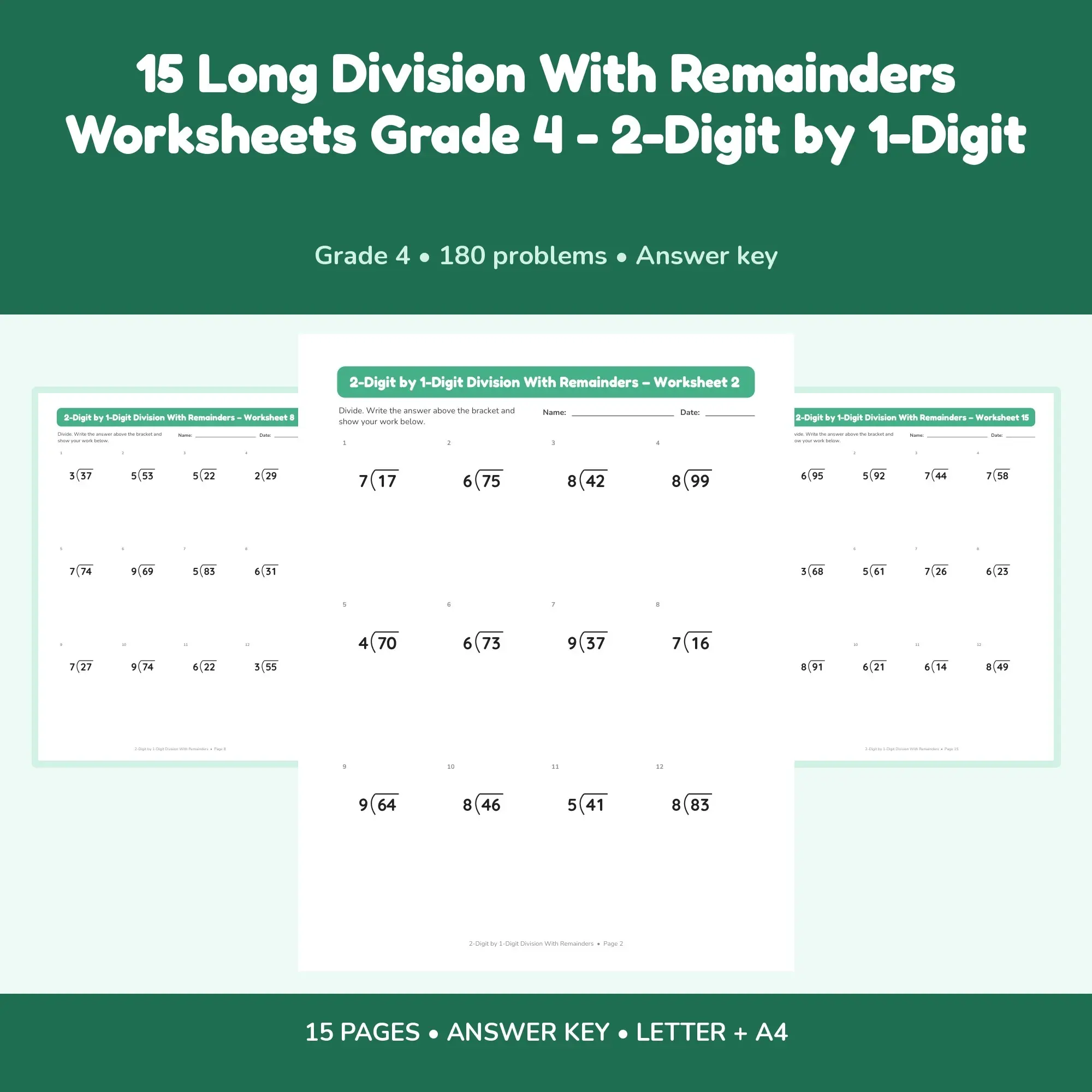 15 Long Division With Remainders Worksheets Grade 4 - 2-Digit by 1-Digit preview