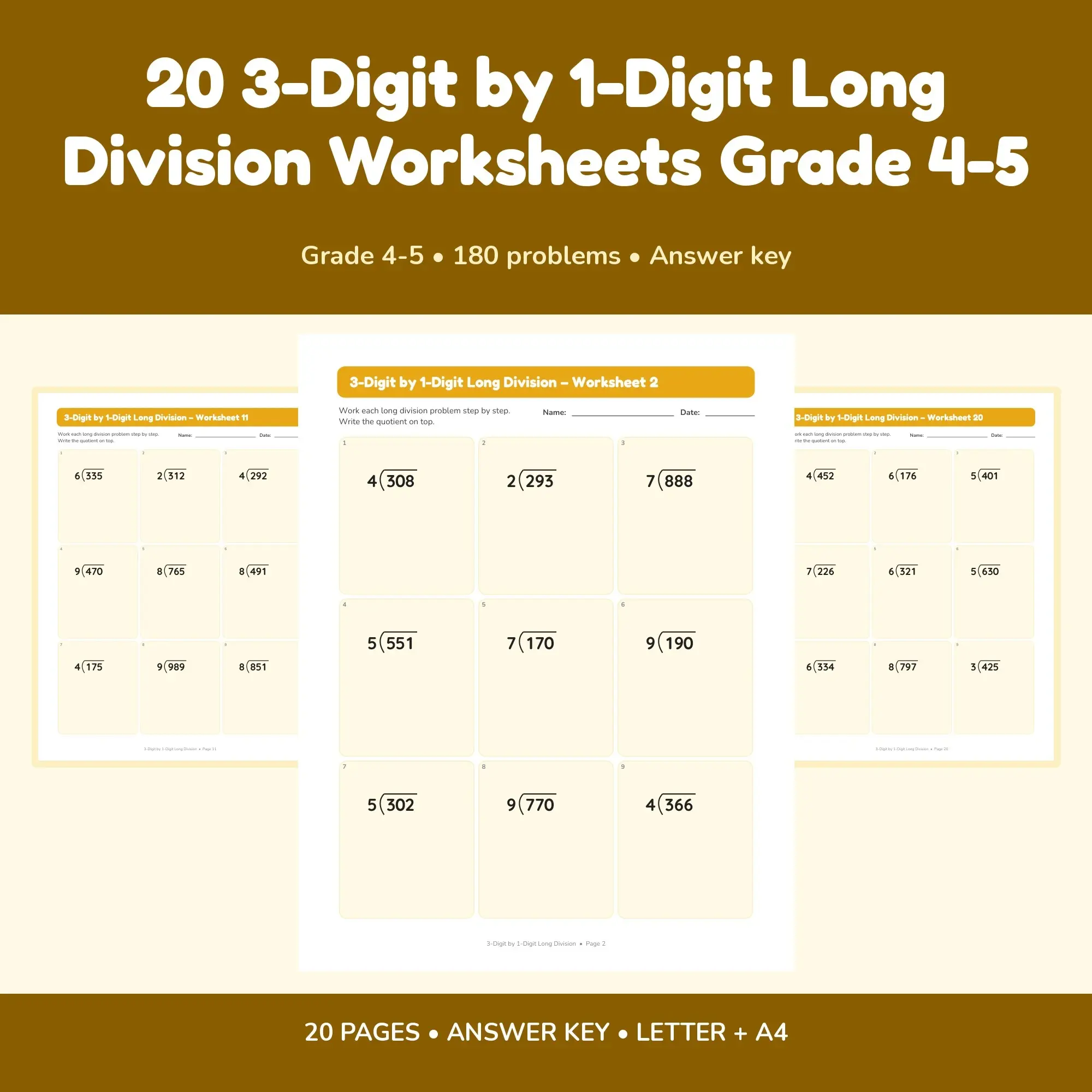 20 3-Digit by 1-Digit Long Division Worksheets Grade 4-5 preview