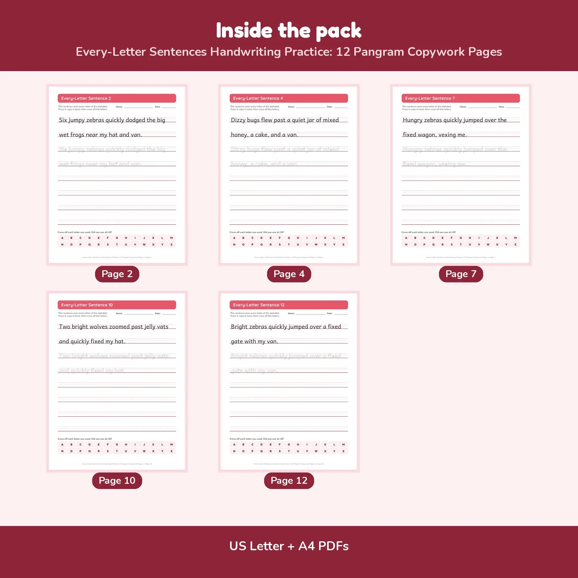 Every-Letter Sentences Handwriting Practice: 12 Pangram Copywork Pages, preview 2 of 2